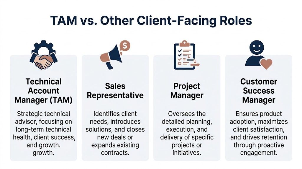 A comparison chart outlining the distinct responsibilities of Technical Account Managers, Sales Representatives, Project Managers, and Customer Success Managers.