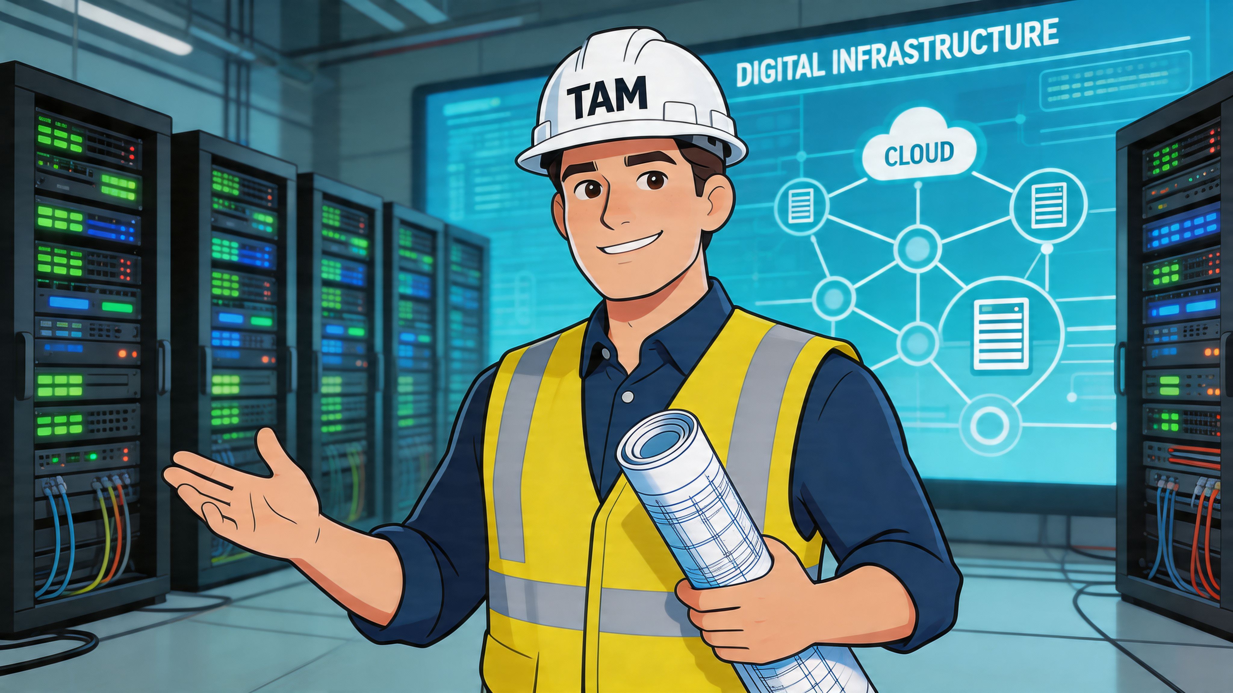 A professional Technical Account Manager in a safety vest stands before digital infrastructure server racks.