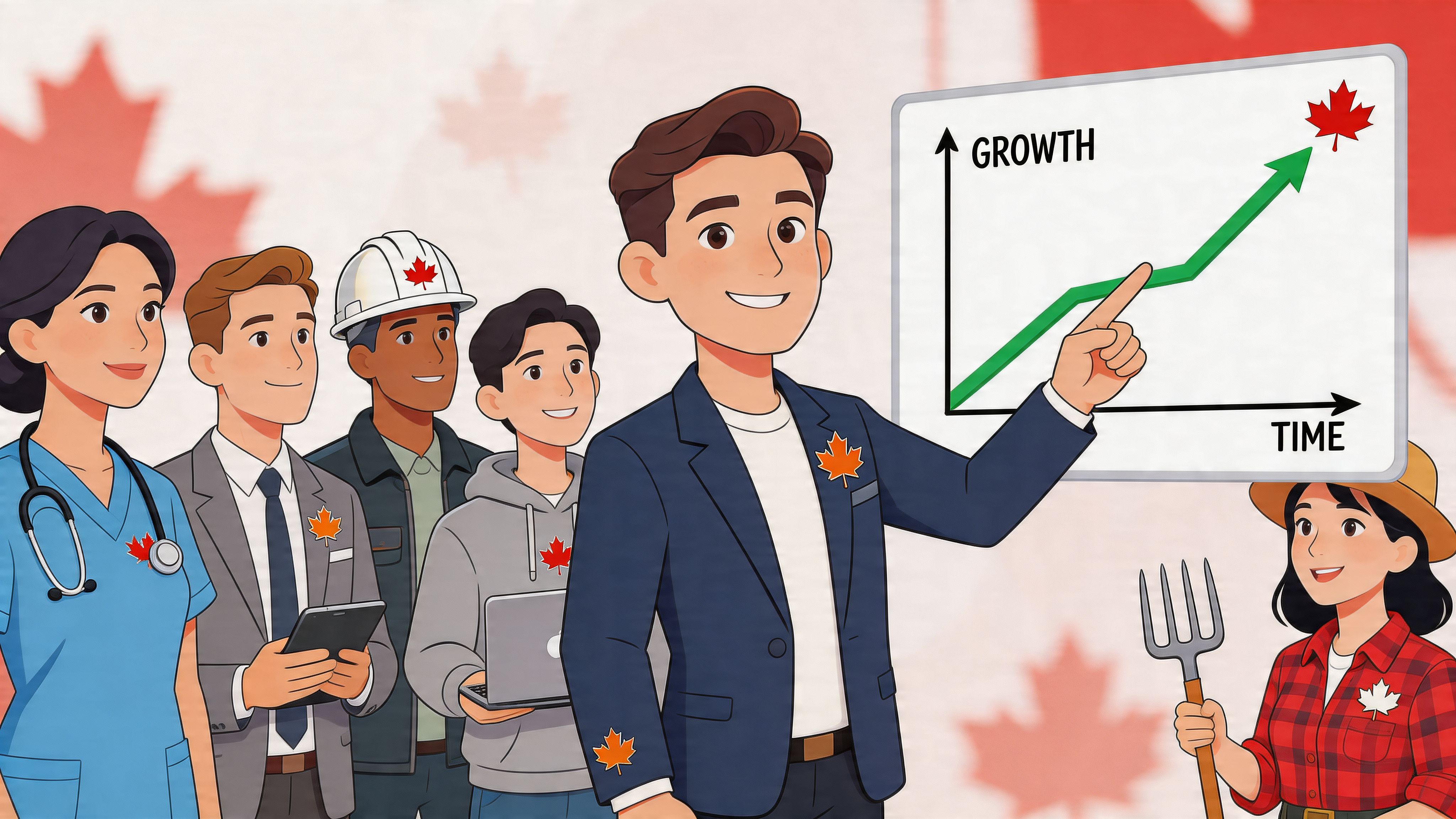 A diverse group of professionals looking at a Canadian growth chart with a Canadian flag background.