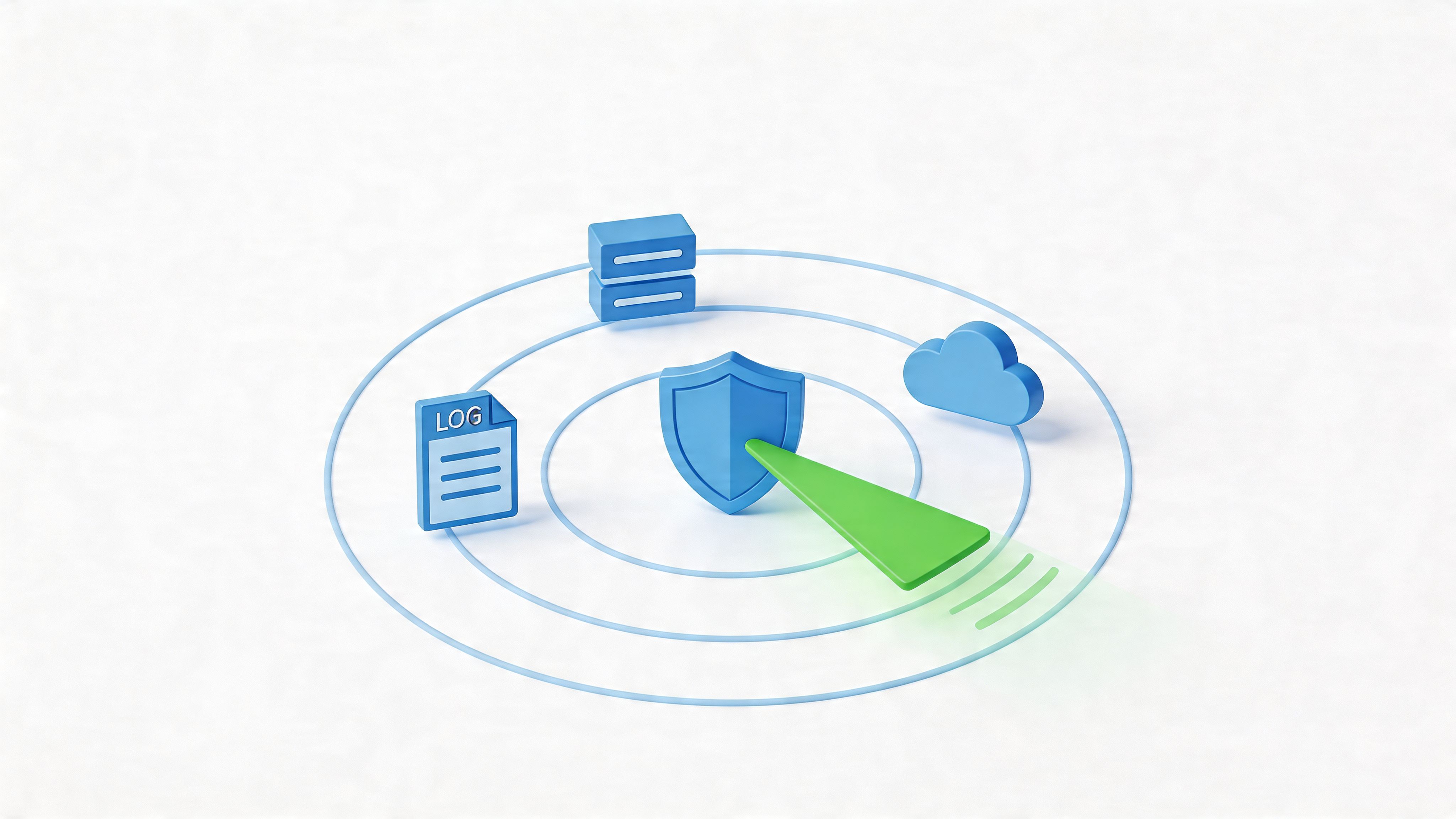 A 3D graphic showing a central shield icon representing cybersecurity, surrounding data icons and a scanning beam.