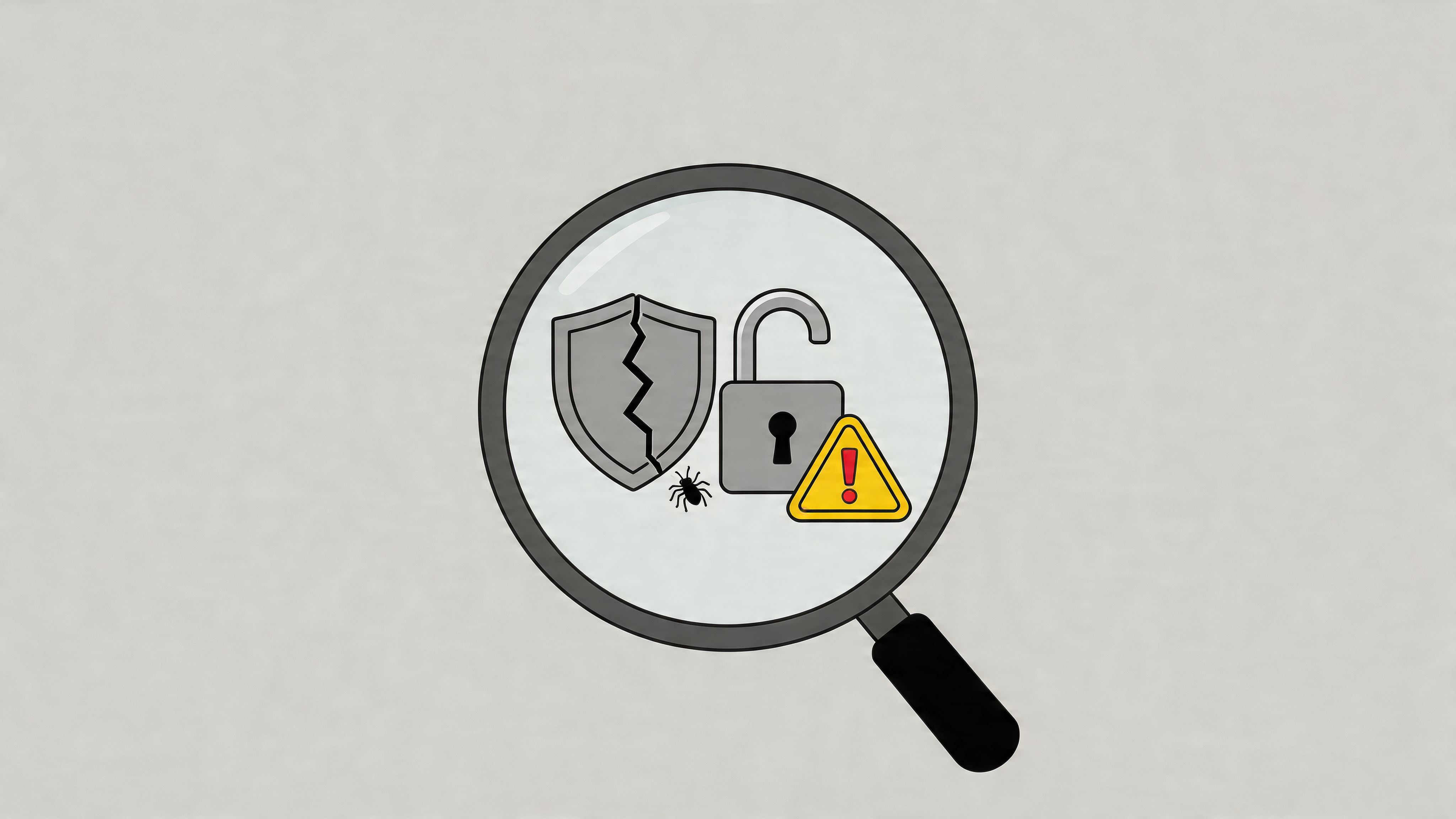 A magnifying glass focusing on a broken shield, an unlocked padlock, a bug, and a warning sign.