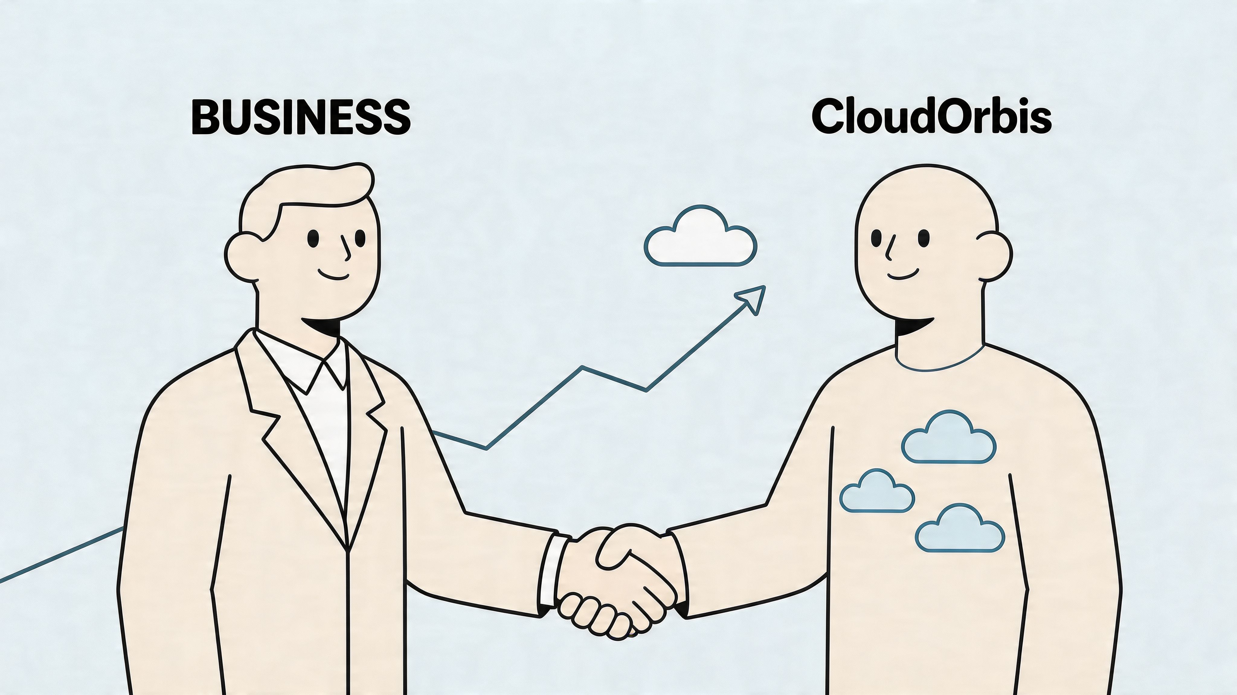 A professional business person shaking hands with a CloudOrbis representative to symbolize a partnership in cloud services.