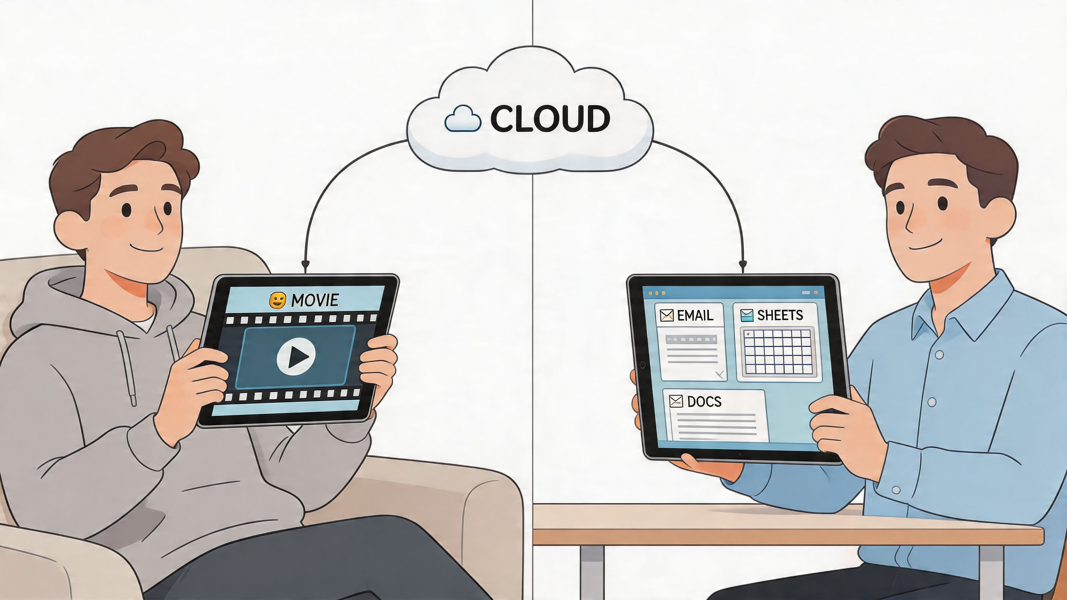 A split illustration showing two people using tablets connected to the cloud for work and entertainment.