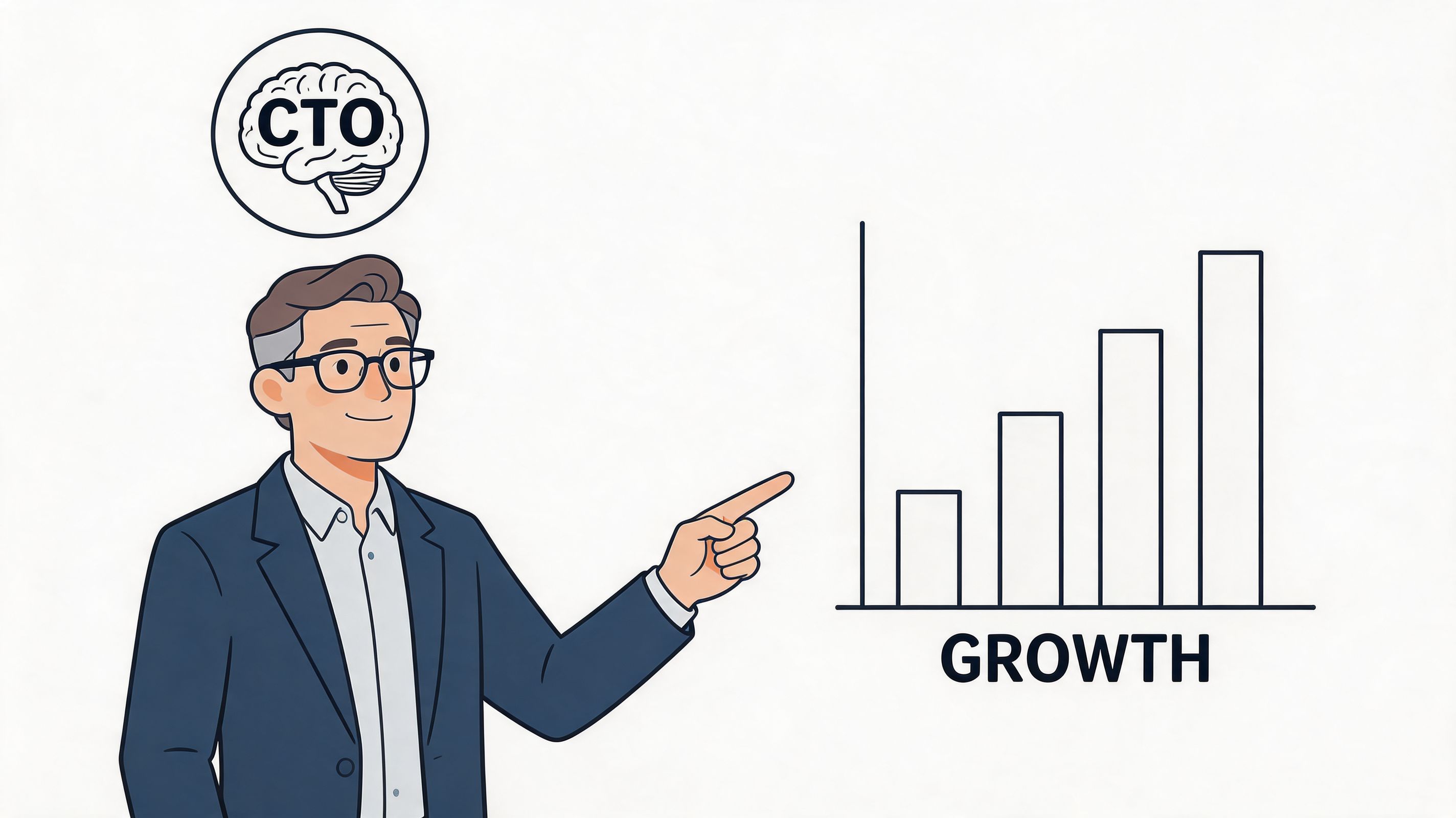 A professional man in a suit pointing towards a rising bar graph labeled growth for business success.