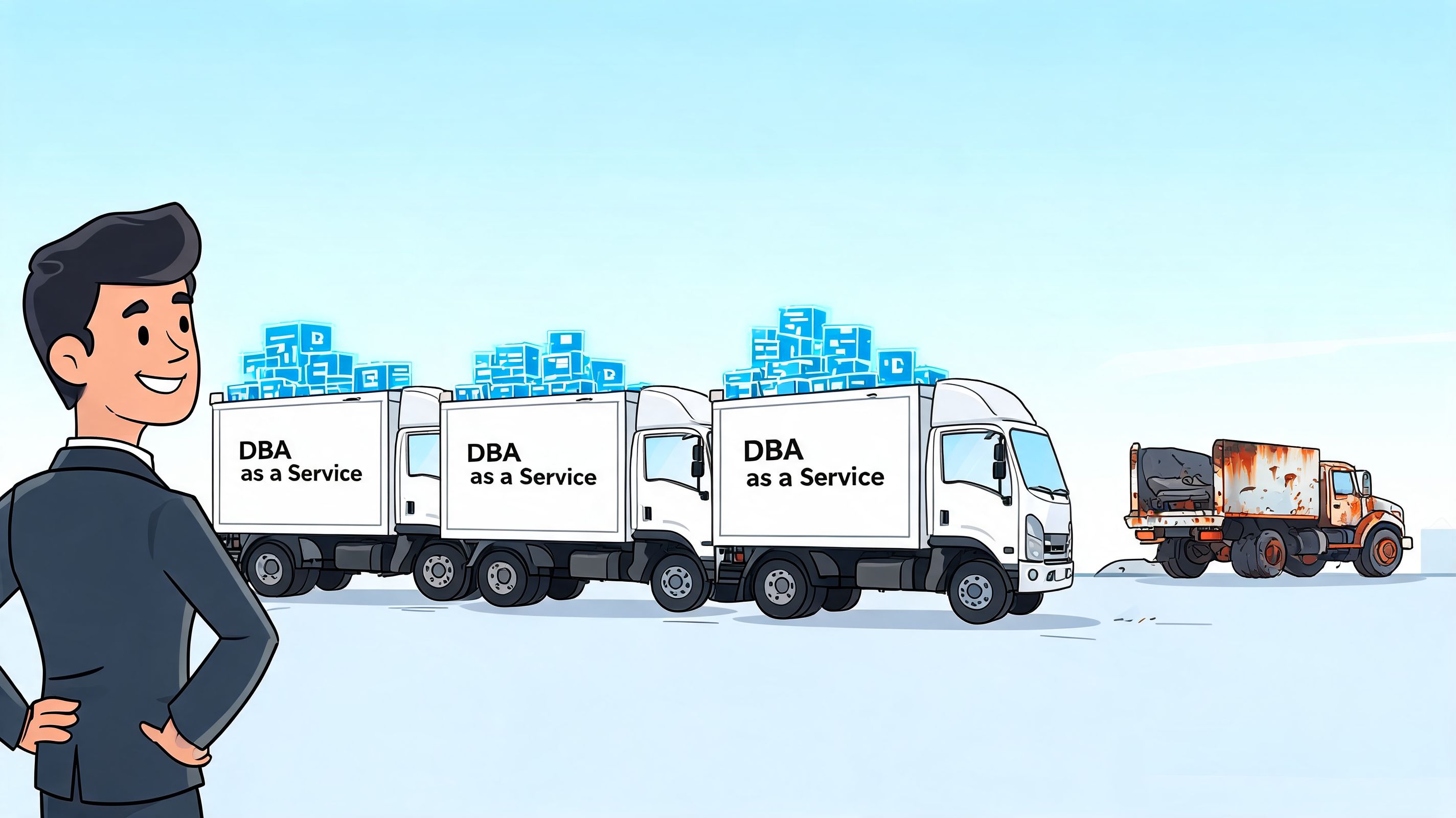 A businessman looking at a fleet of clean DBA as a Service trucks next to a rusty truck.