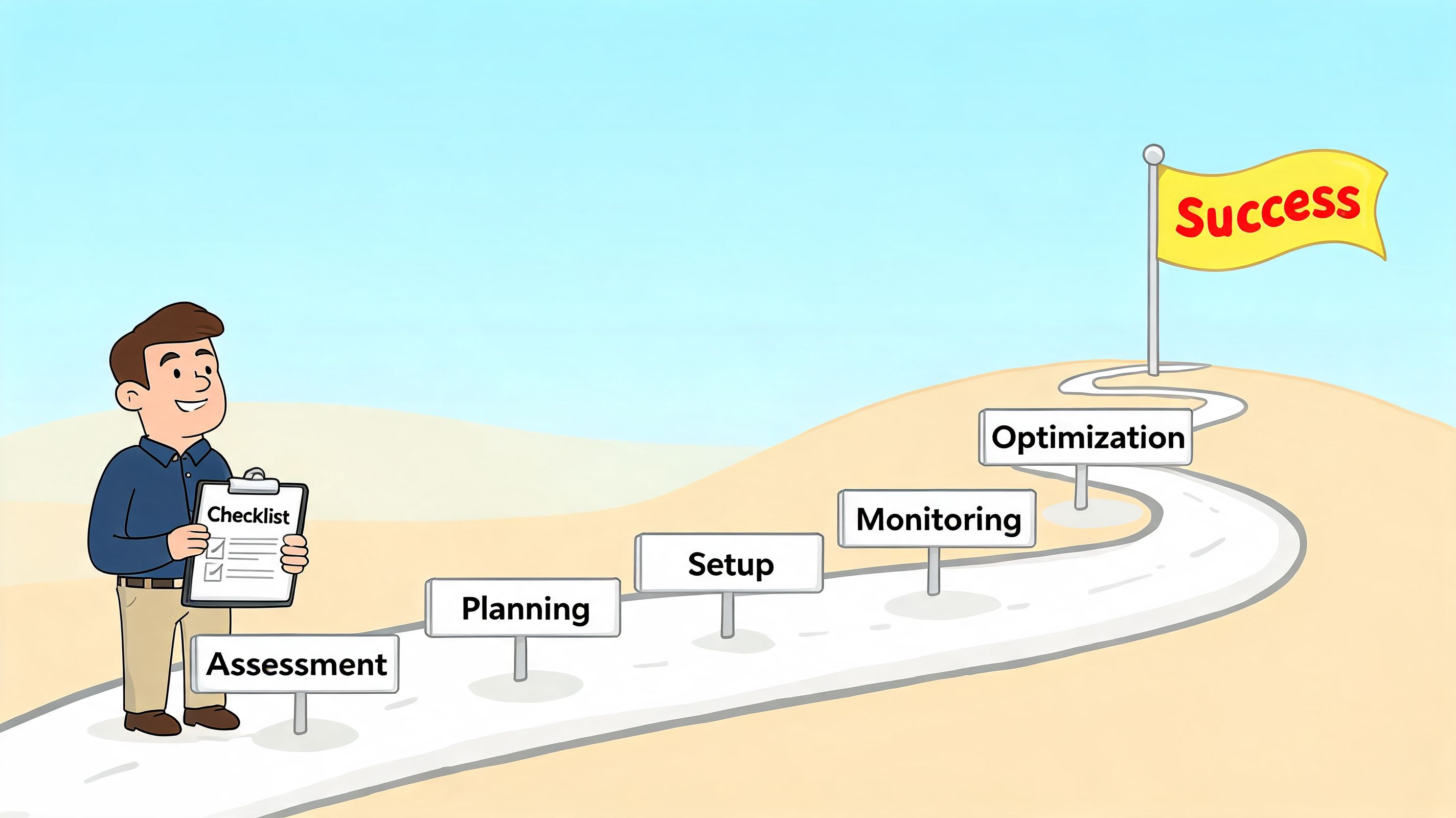 A professional holding a checklist on a path representing business success through assessment, planning, setup, monitoring, and optimization.