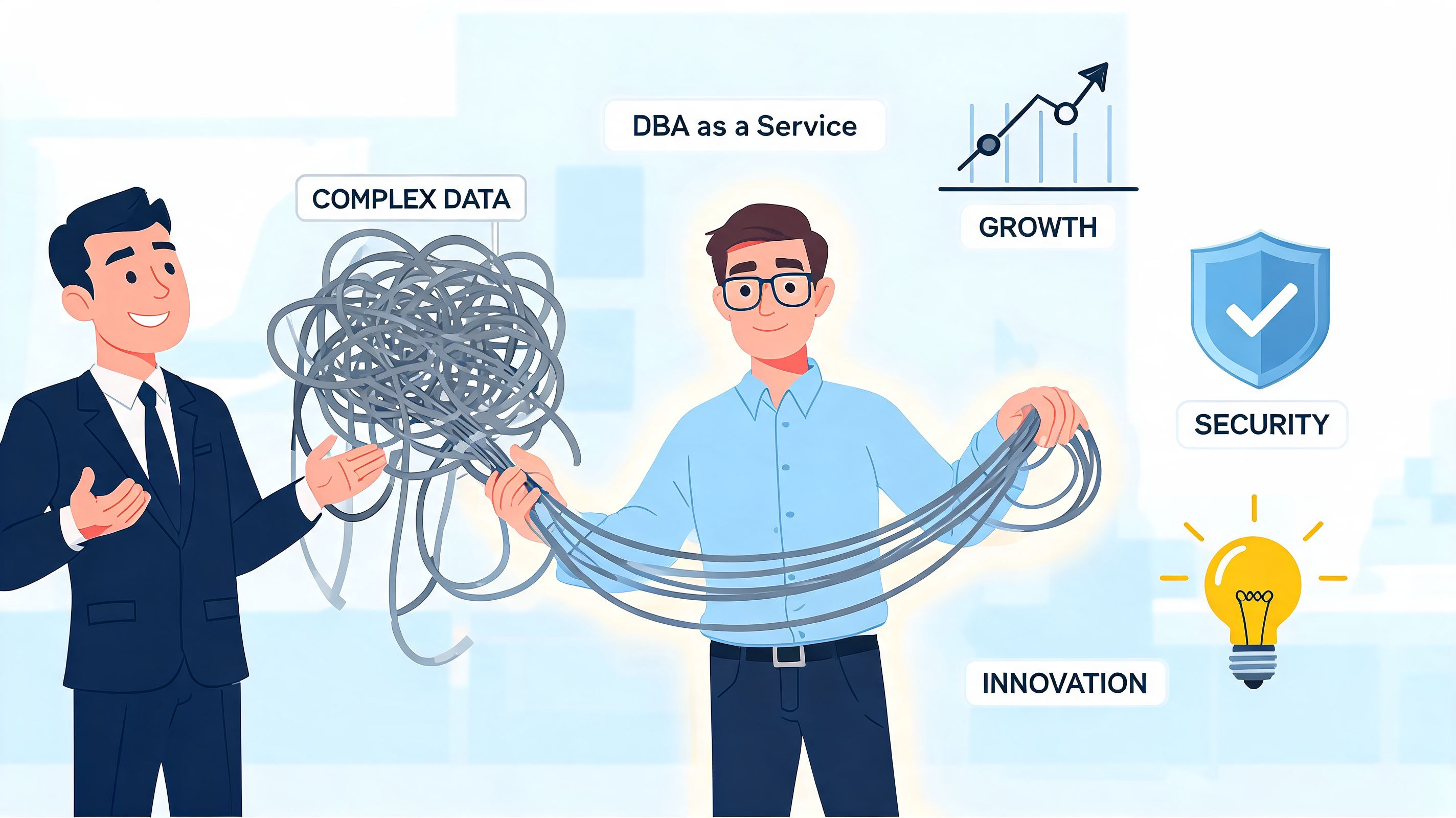 A professional illustrates how a DBA as a Service simplifies complex data into organized, secure solutions.