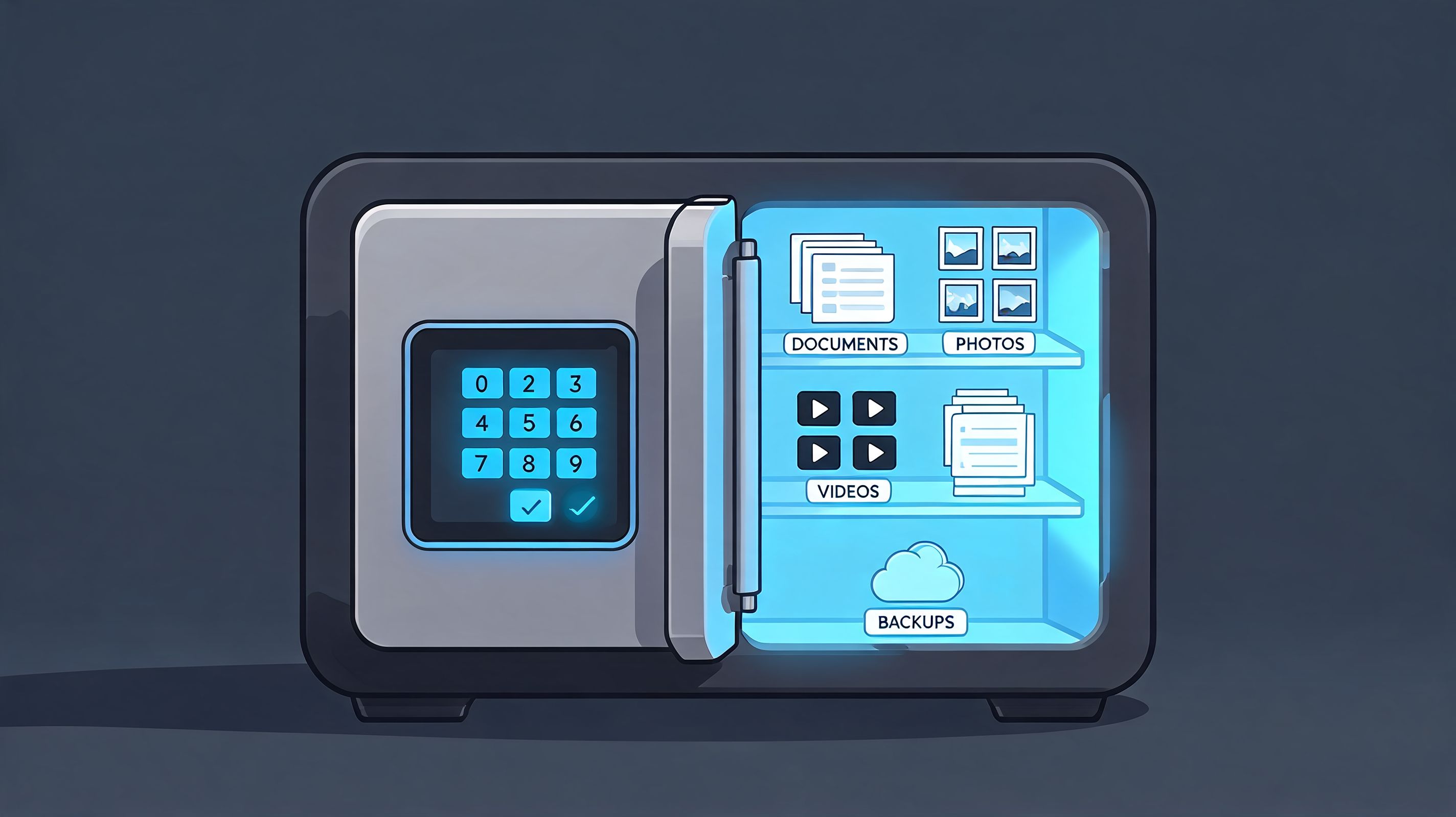A digital safe representation illustrating secure data storage concepts for documents, photos, videos, and cloud backups.
