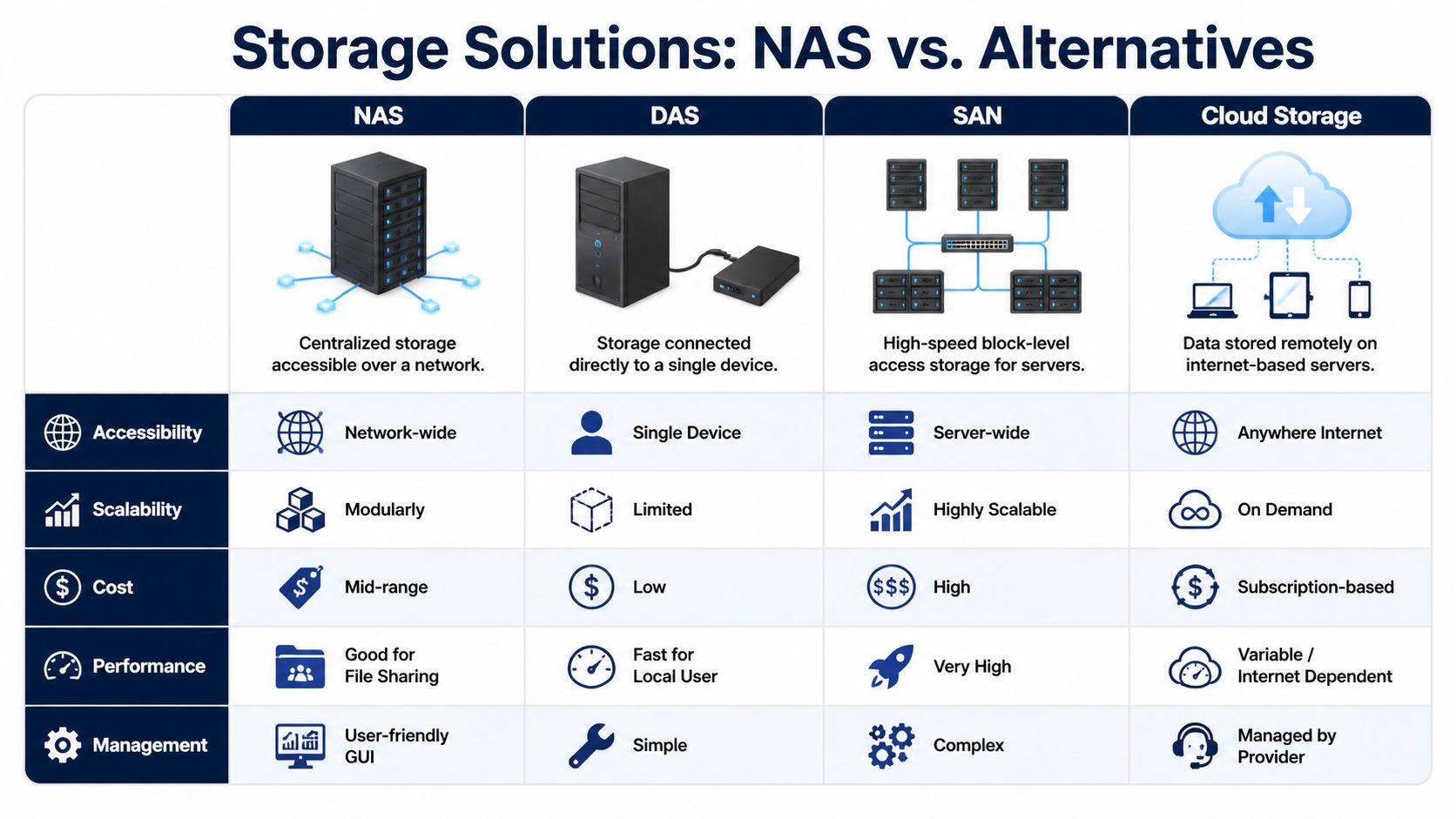 A comparison chart showing features of NAS, DAS, SAN, and Cloud Storage solutions for data management.