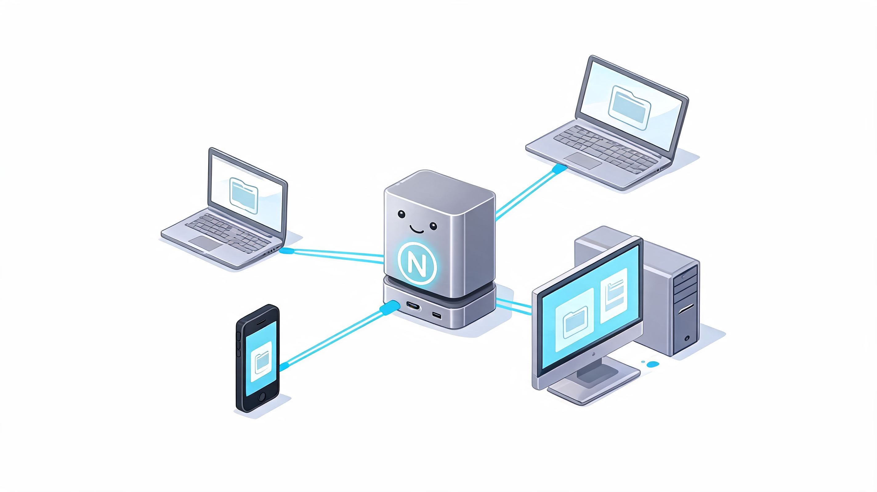A central NAS drive device connecting to a smartphone, a desktop computer, and two laptop computers.