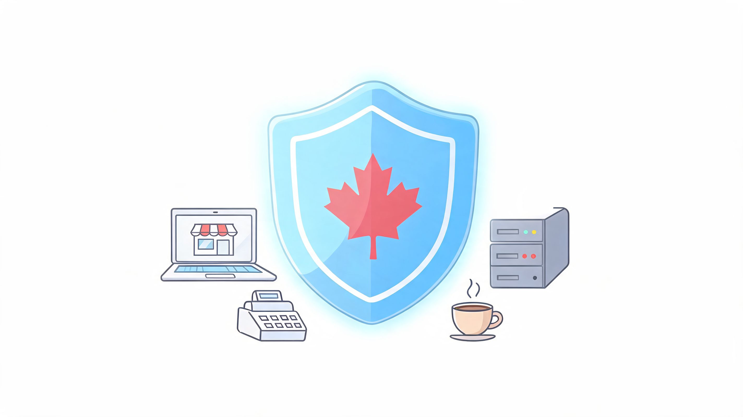 A digital illustration featuring a Canadian maple leaf shield surrounded by business symbols including a computer, server, and coffee.
