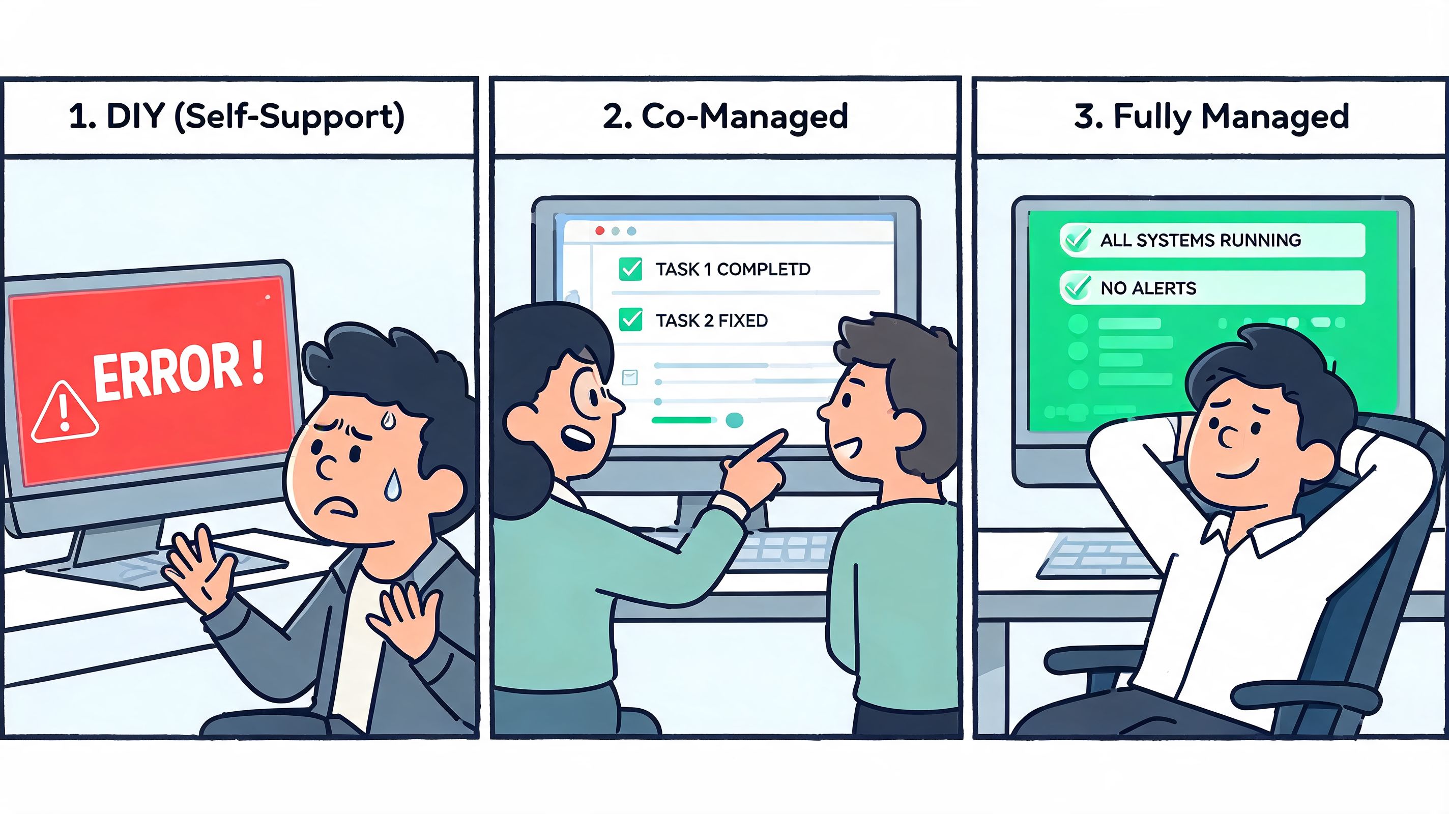 A three-panel illustration showing DIY, co-managed, and fully managed IT support services for small businesses.