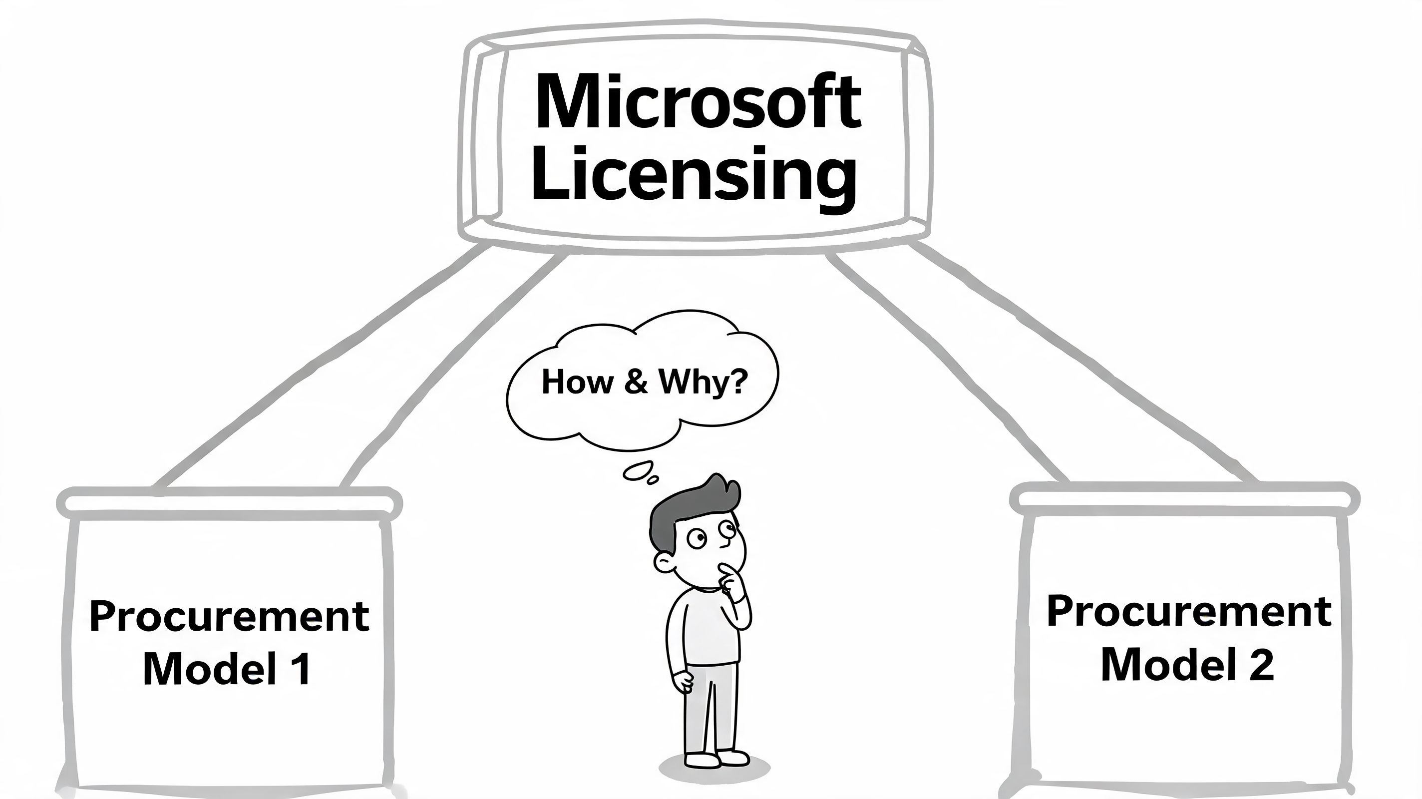 A person contemplating the relationship between Microsoft Licensing and two different procurement models in a diagram.
