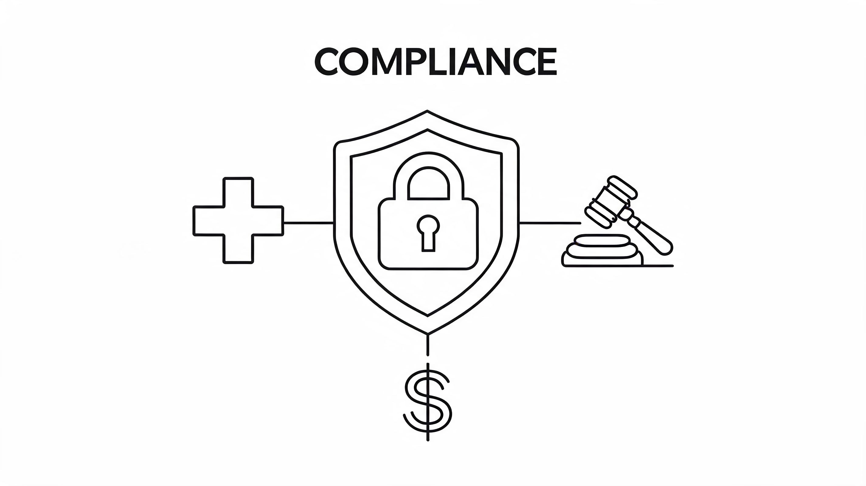 A line art graphic showing a shield with a padlock surrounded by medical, legal, and financial symbols.