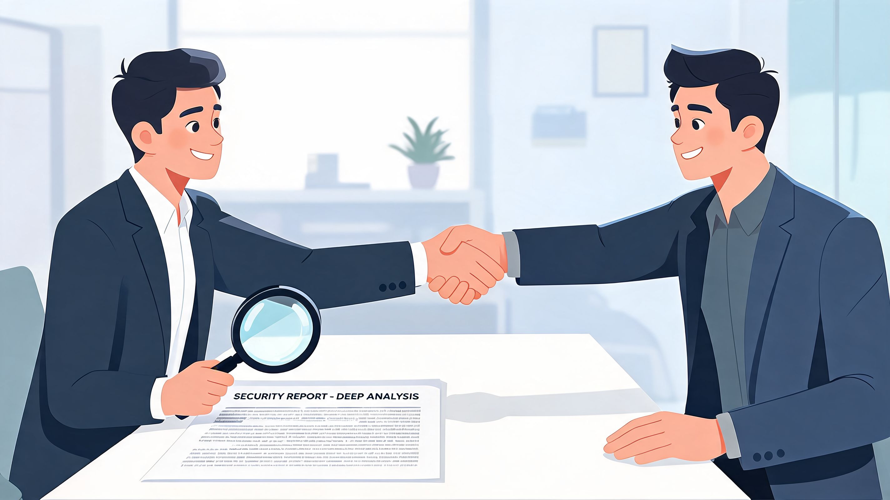 Two professional businessmen shaking hands across a desk while one holds a magnifying glass over a report.