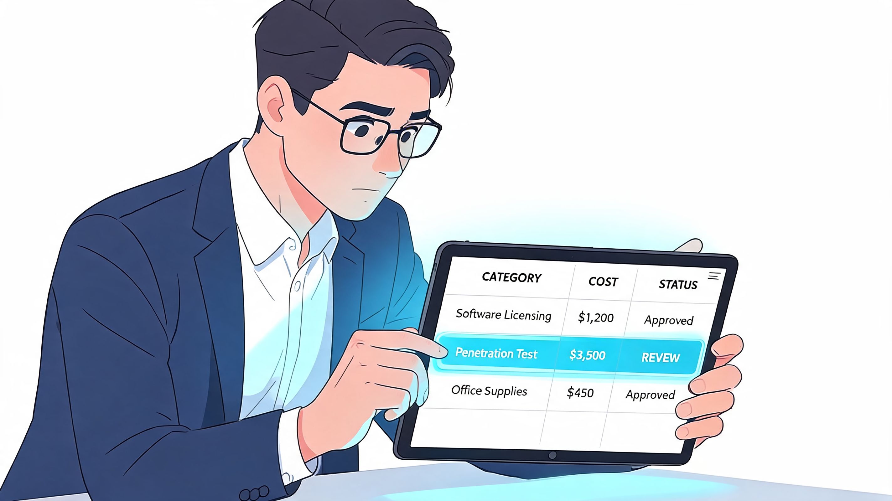 A professional man in a suit looking at a digital tablet displaying penetration testing costs.