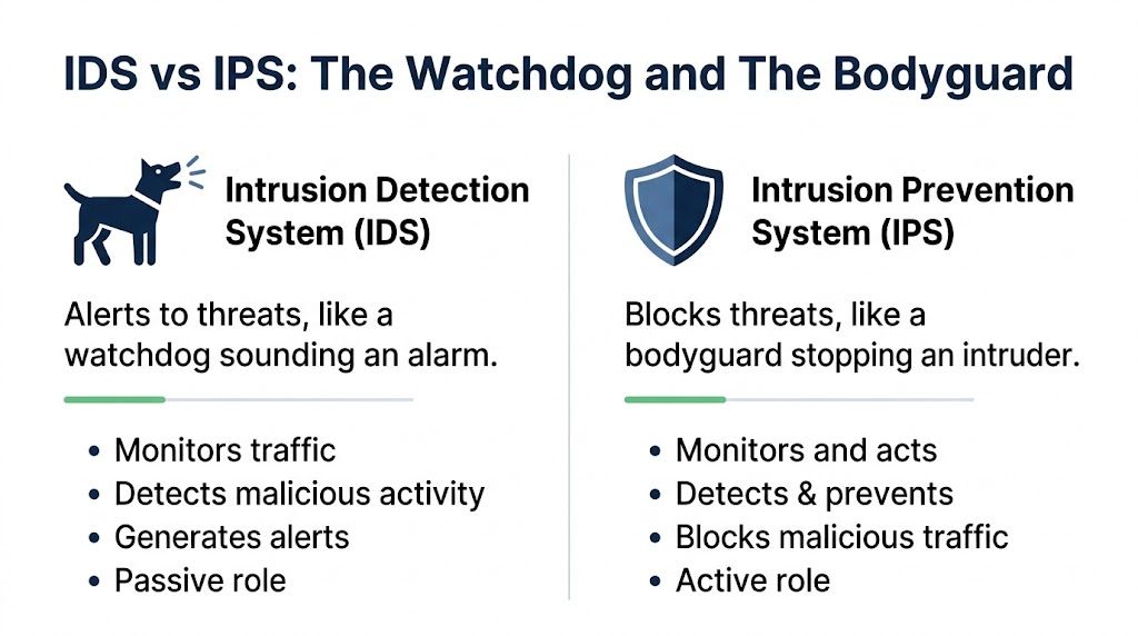 A comparison chart showing the differences between an intrusion detection system (IDS) and an intrusion prevention system (IPS).