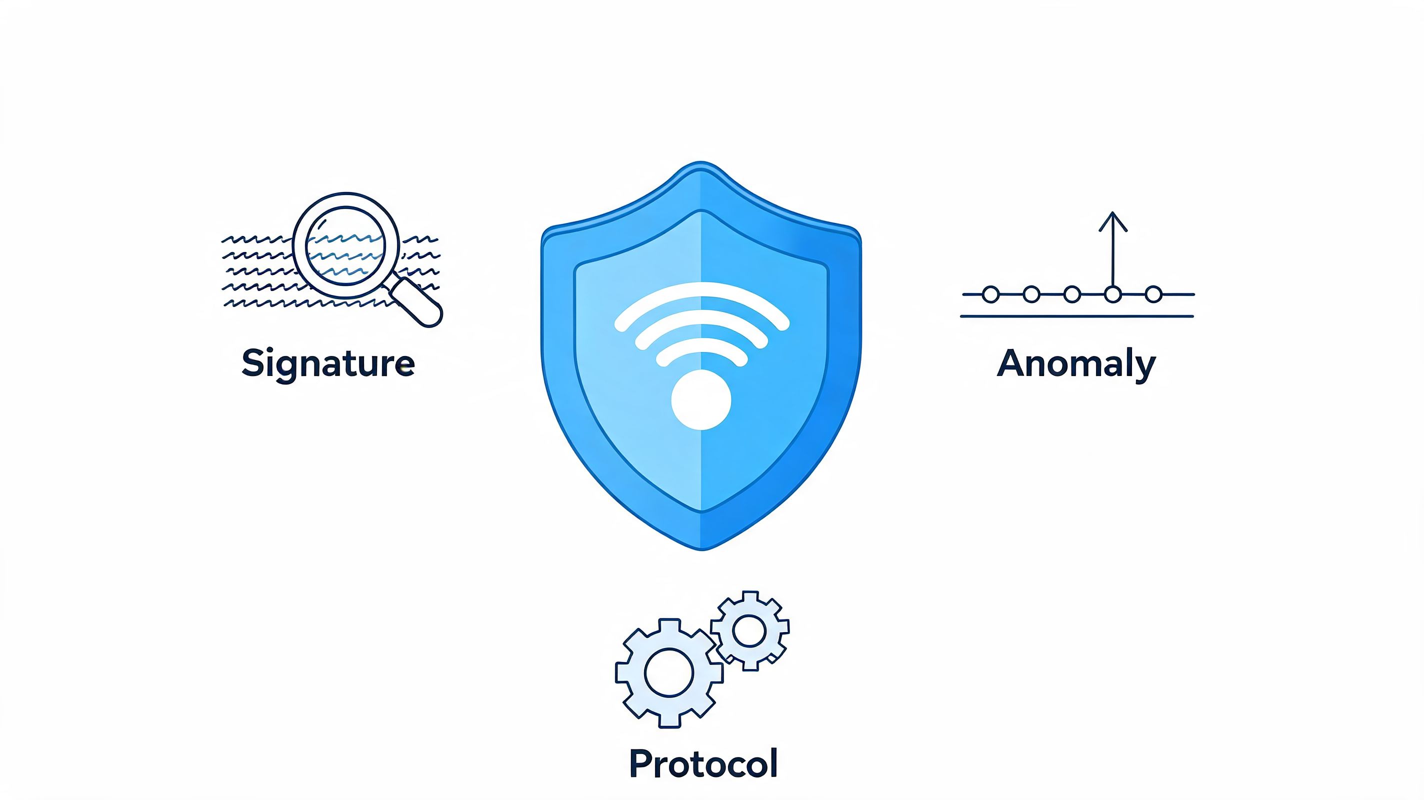 A digital graphic depicting cybersecurity concepts including signature analysis, anomaly detection, and protocol monitoring with a shield icon.