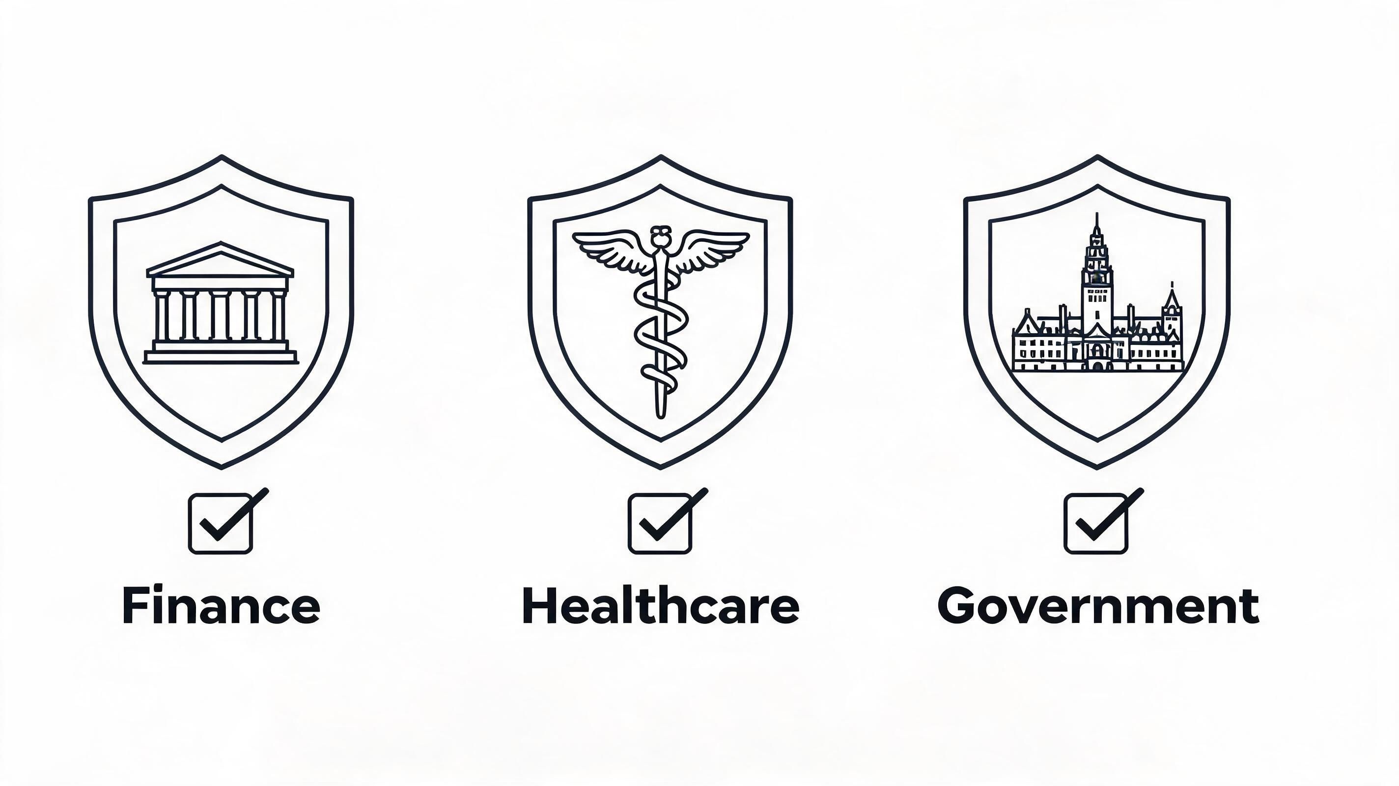 Three shield icons representing finance, healthcare, and government sectors with checkmarks underneath each for security concepts.
