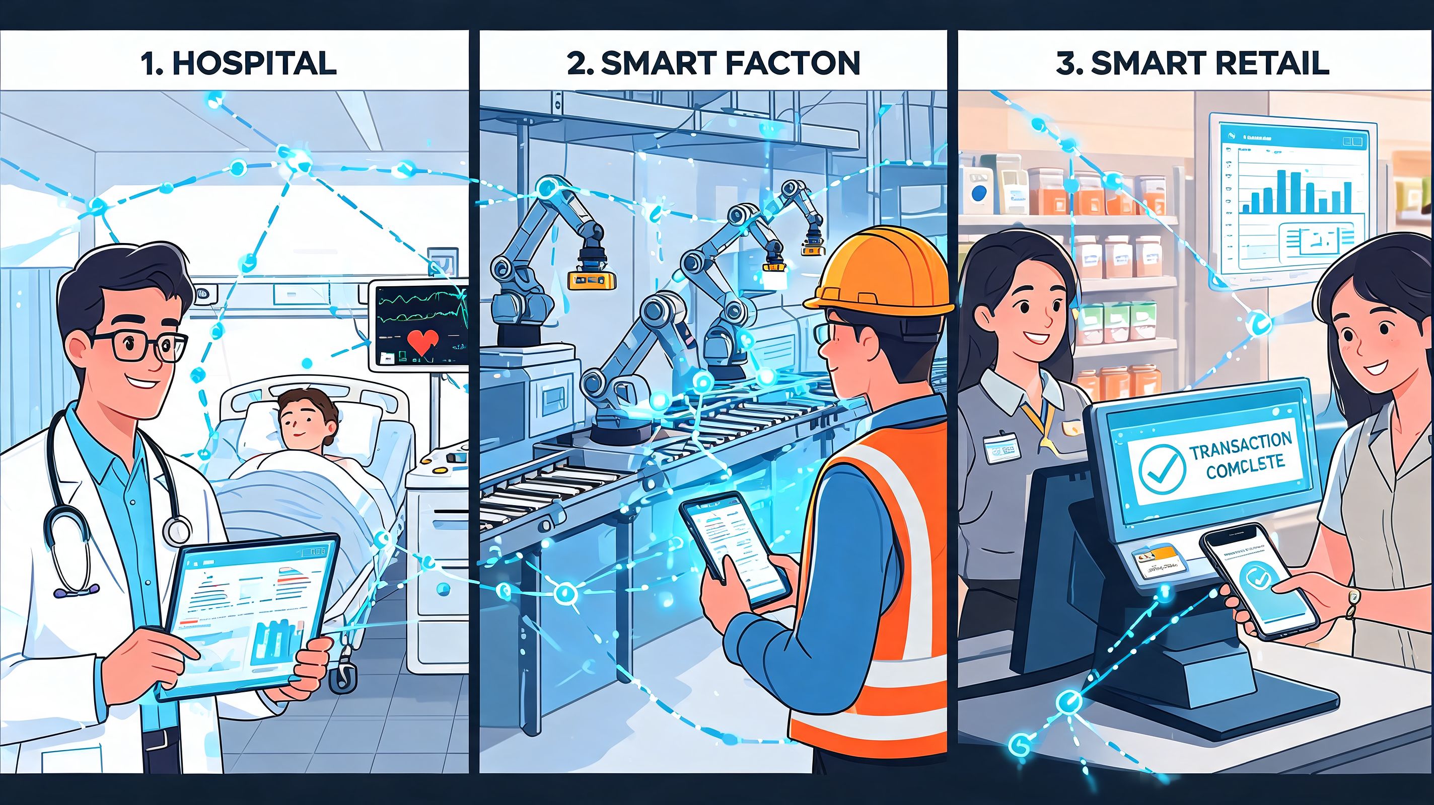 A digital illustration showing smart network services applied in a hospital, factory, and retail store environment.
