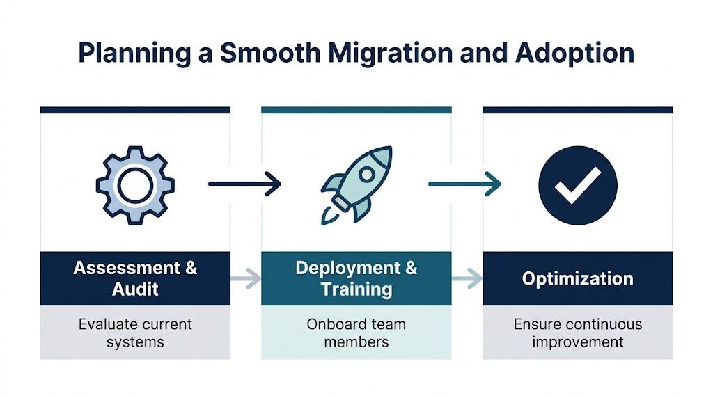 A diagram outlining a three-step business migration process starting with assessment, then deployment, and ending with optimization.