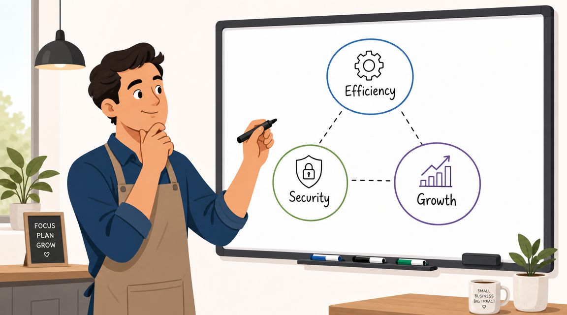 A professional man drawing a business strategy diagram of Efficiency, Security, and Growth on a whiteboard.