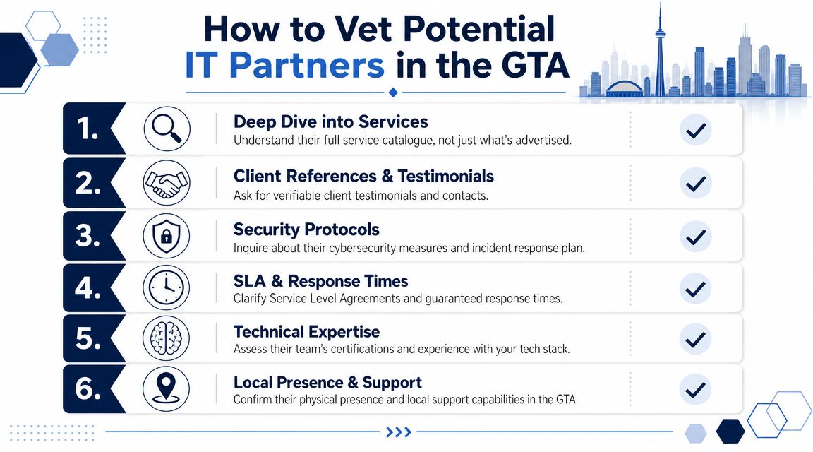 An infographic listing six essential steps for vetting potential IT partners in the Greater Toronto Area.