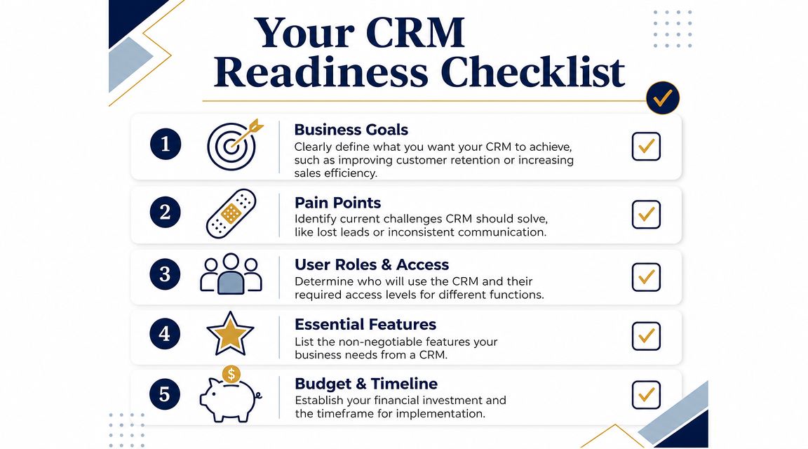 A five-step CRM readiness checklist infographic designed to help small businesses prepare for software implementation.
