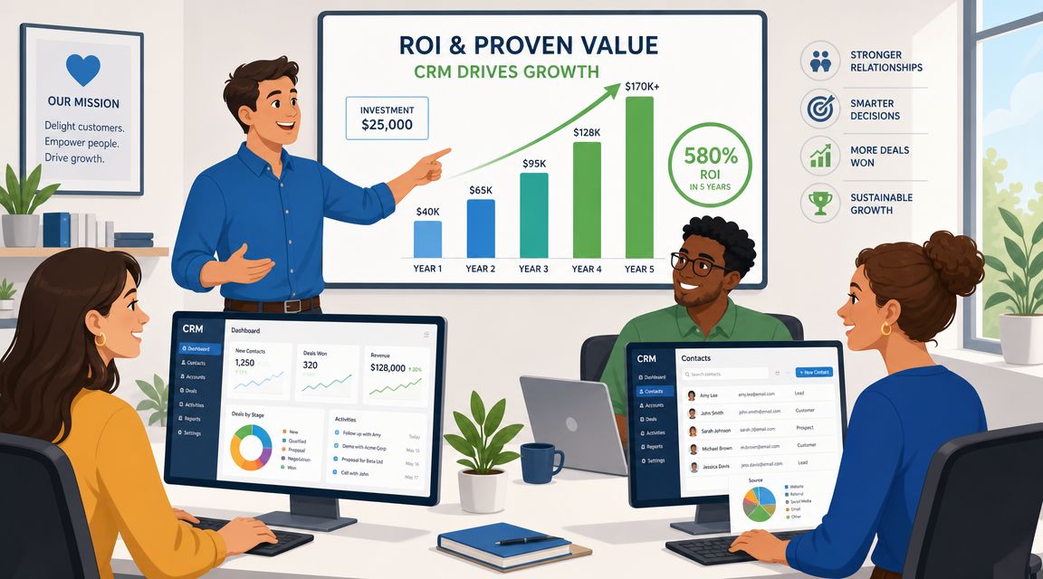 A professional team collaborating on CRM software strategies during an office presentation about business growth and ROI.