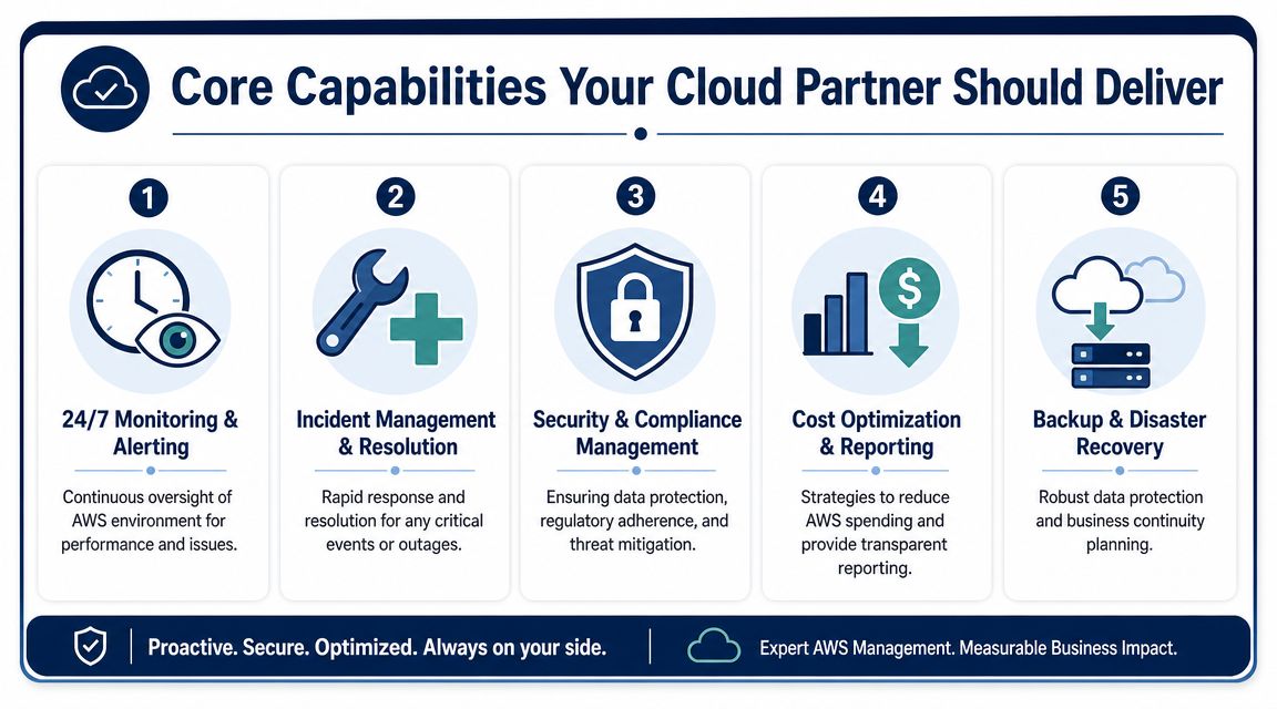 A diagram outlining five core capabilities for an AWS managed service cloud partner.
