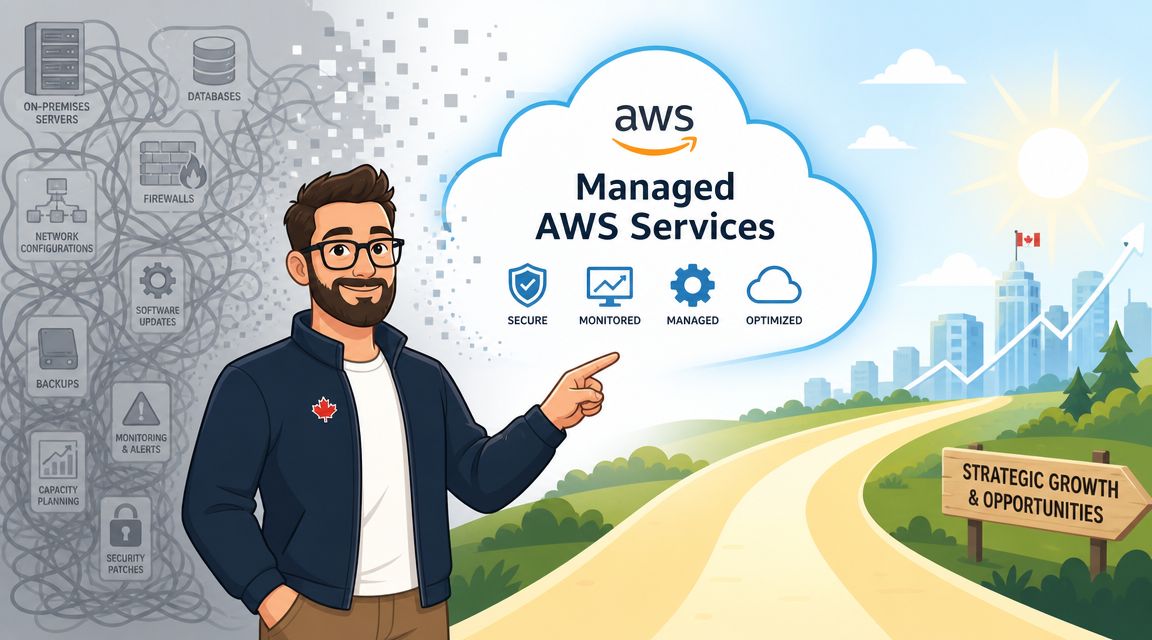 A professional explaining the benefits of AWS managed services for business growth and infrastructure modernization.