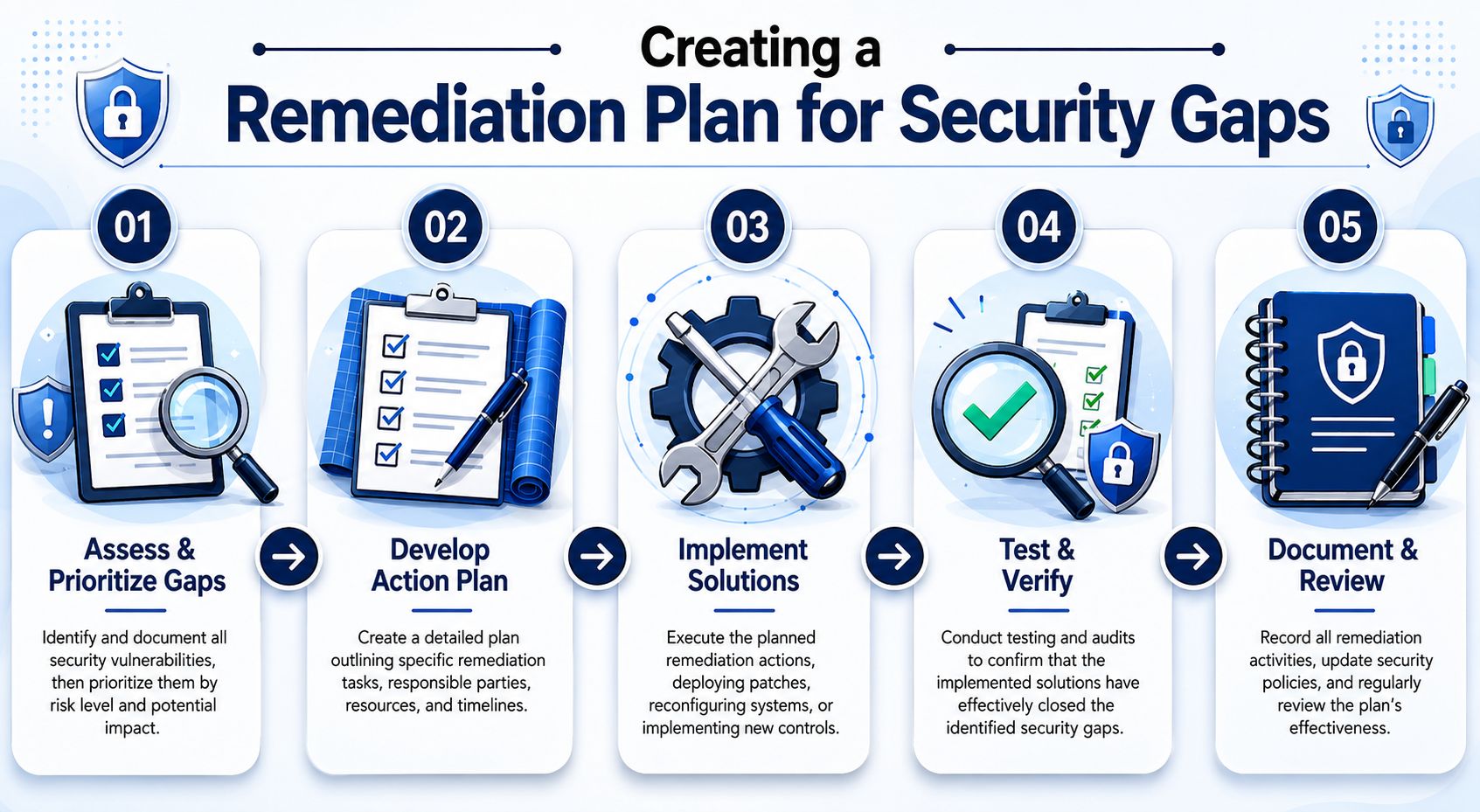 A five-step infographic showing the process of creating a remediation plan for security gaps in business.