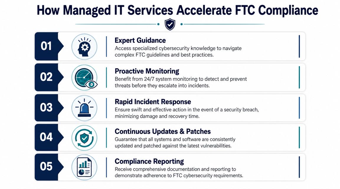 An infographic titled How Managed IT Services Accelerate FTC Compliance, featuring five key benefits for cybersecurity.
