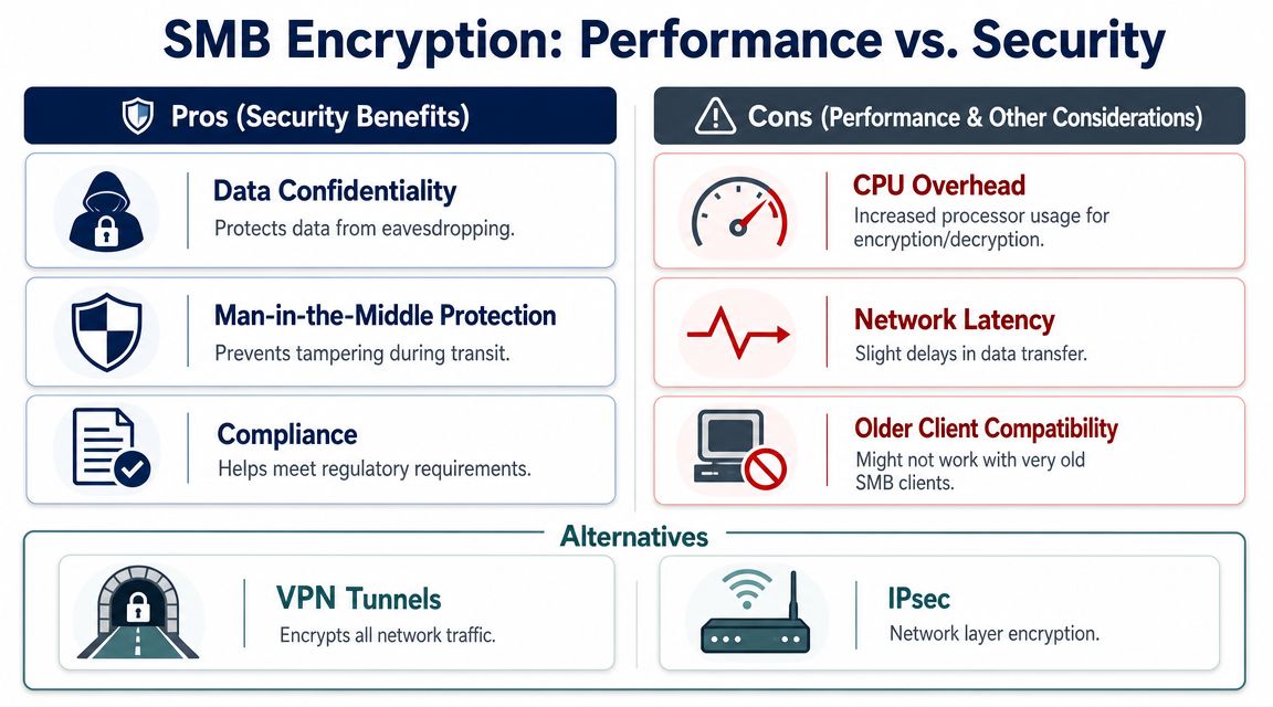 An infographic showing the security benefits and performance considerations when using SMB encryption in network environments.