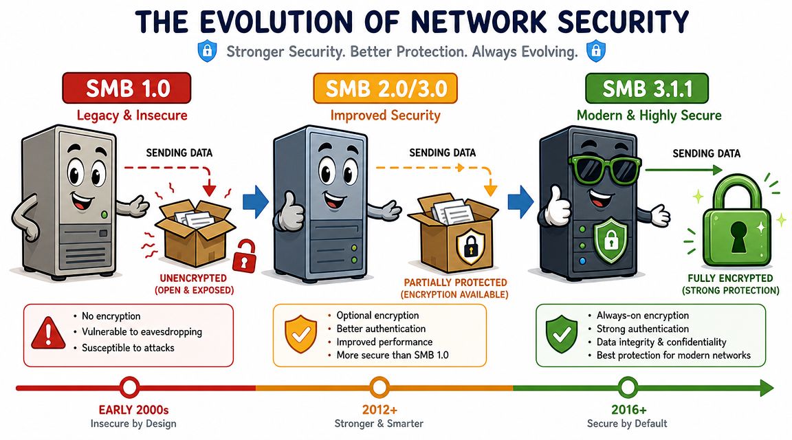 An infographic illustrating the evolution of network security comparing SMB 1.0, SMB 2.0/3.0, and SMB 3.1.1 encryption levels.