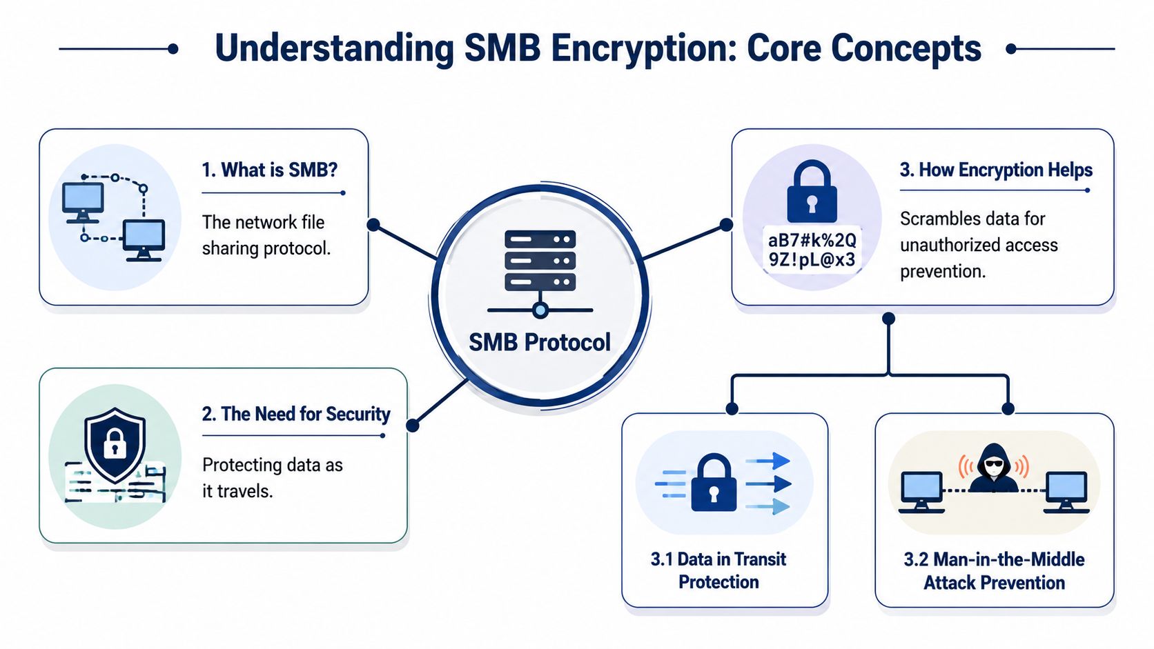A diagram illustrating the core concepts of SMB encryption, including its definition, security needs, and protection benefits.