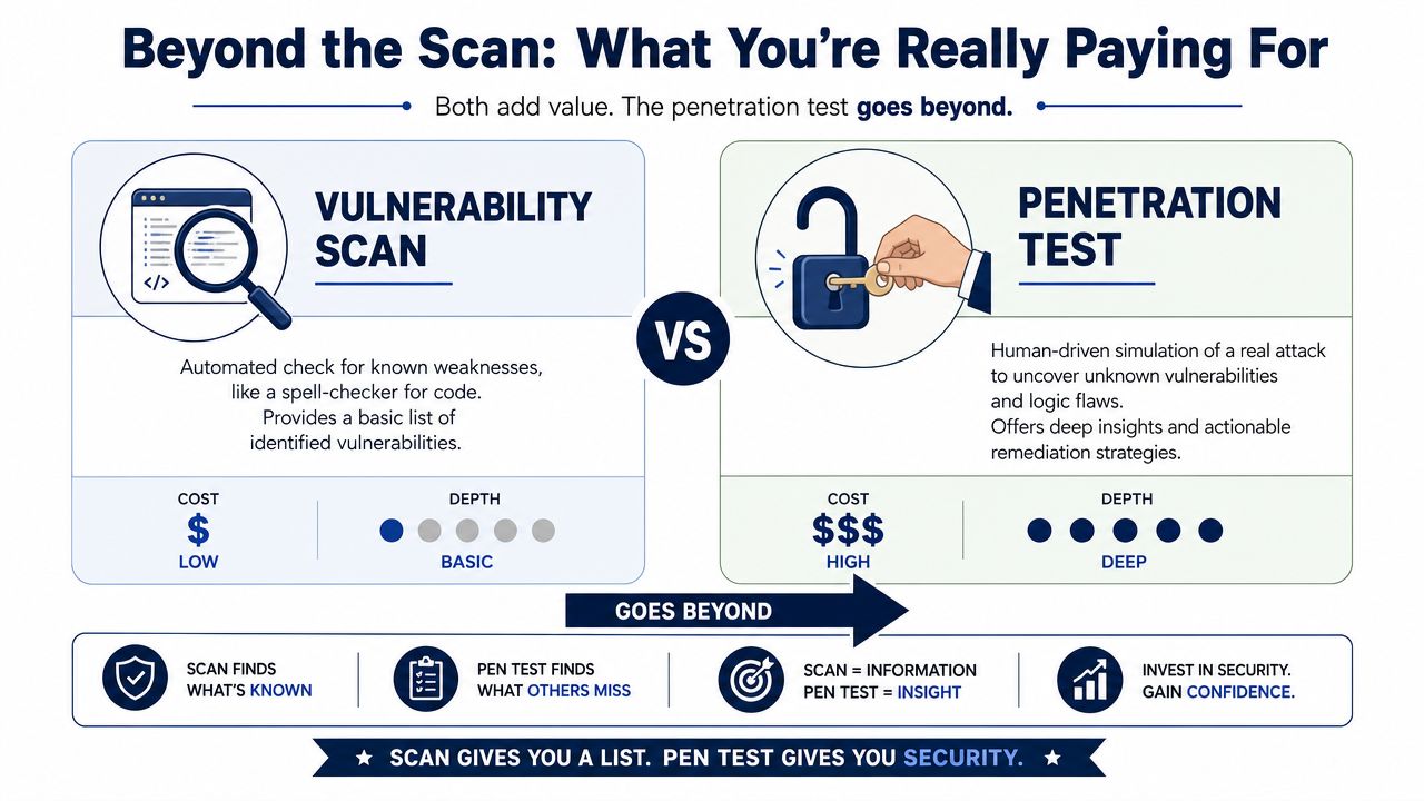 A comparison infographic between vulnerability scanning and penetration testing illustrating cost, depth, and security value differences.