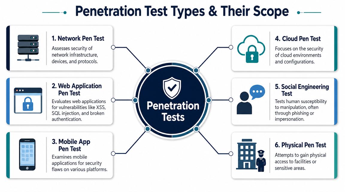 A diagram illustrating six types of penetration tests including network, web application, mobile app, cloud, social engineering, and physical.