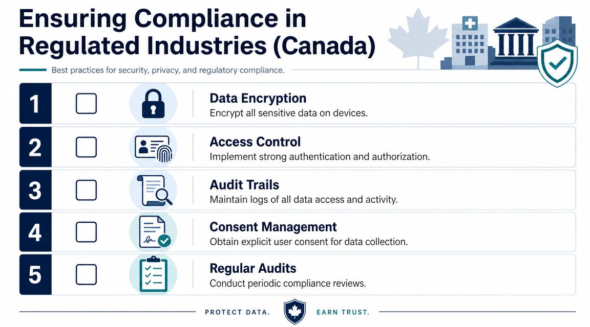A checklist infographic outlining five best practices for security and regulatory compliance in Canadian industries.