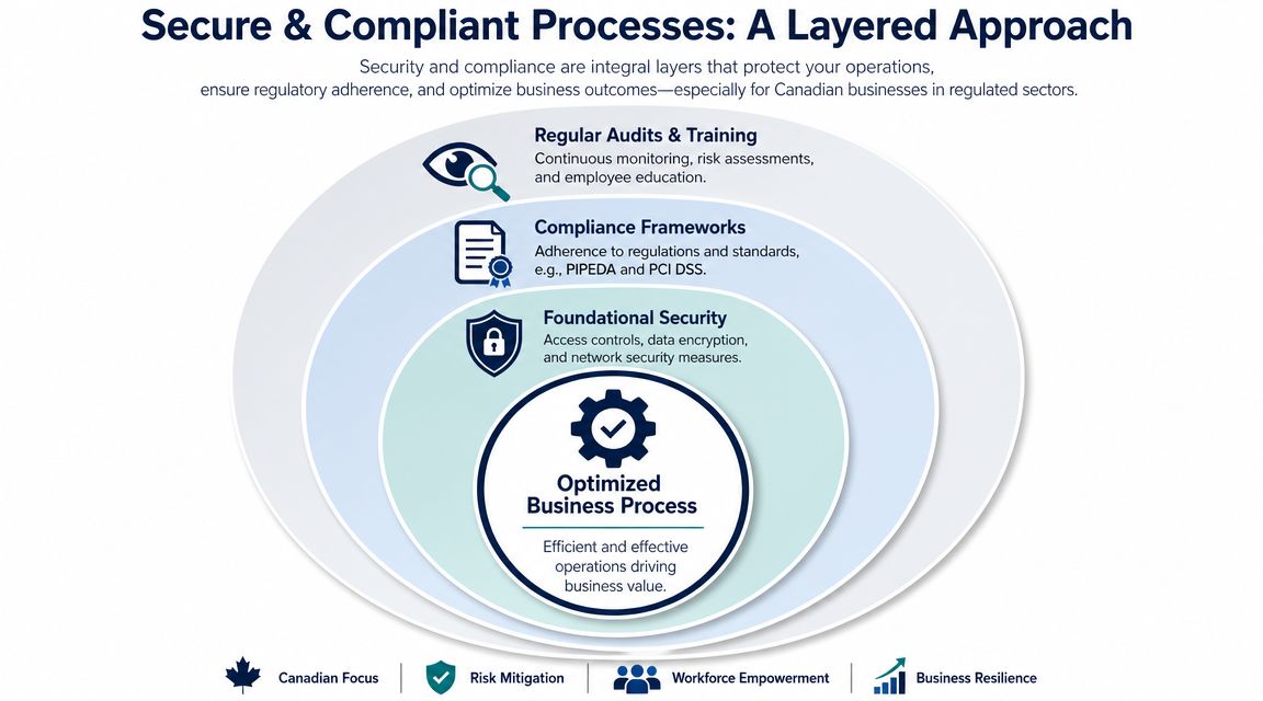 A diagram illustrating a layered approach to business security, compliance, and optimized operational processes for Canadian companies.