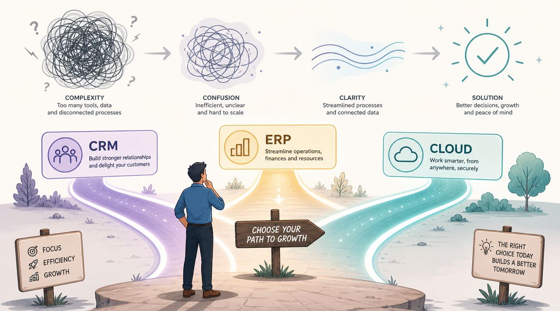 A professional stands at a crossroads, choosing between CRM, ERP, and Cloud solutions for business growth.