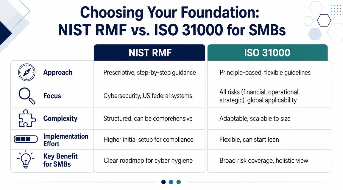 A comparison table outlining the key differences between NIST RMF and ISO 31000 risk management frameworks.