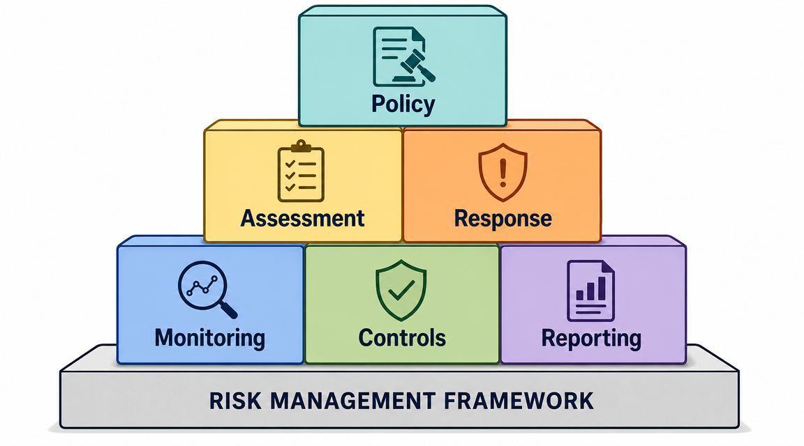 A pyramid diagram showing the components of a Risk Management Framework including policy, assessment, response, monitoring, controls, and reporting.
