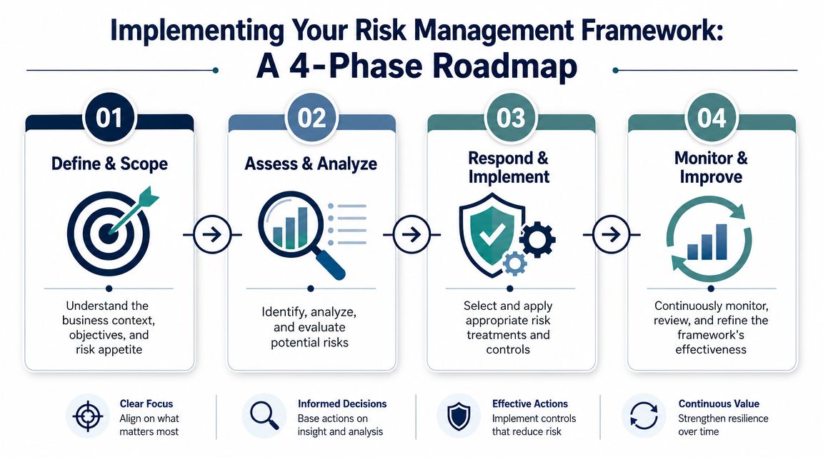 A four-phase roadmap chart illustrating the steps to implement a corporate risk management framework effectively.