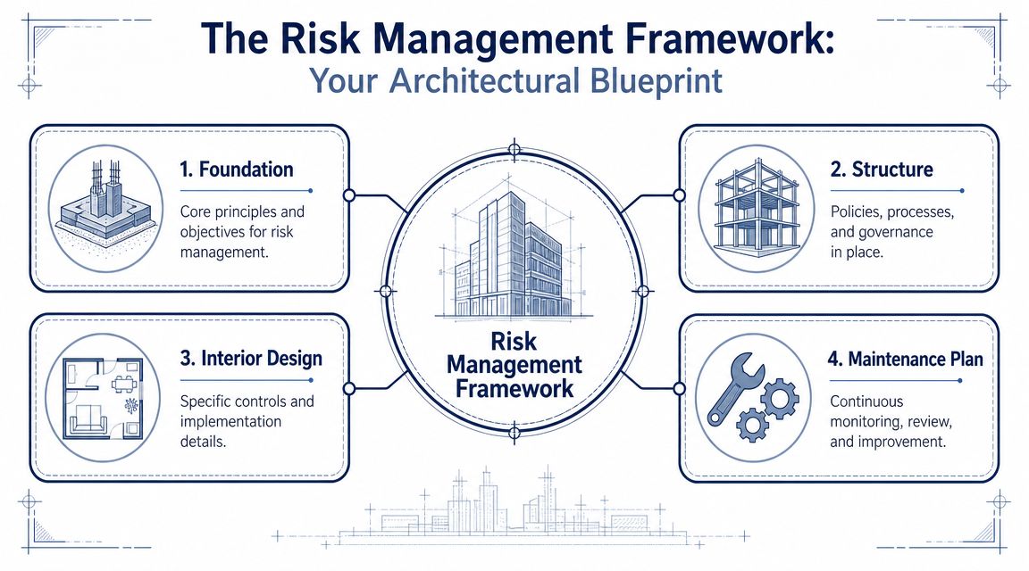 A diagram titled The Risk Management Framework depicting four stages like building construction: Foundation, Structure, Interior Design, and Maintenance.