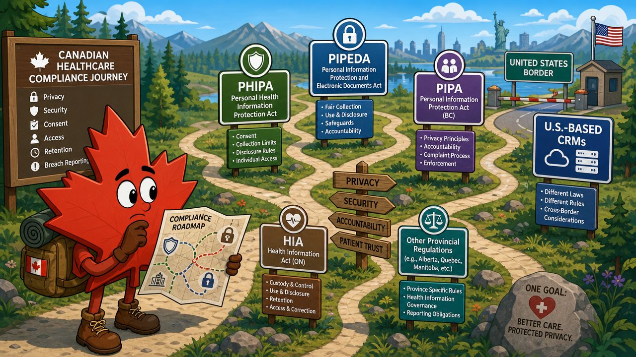A cartoon maple leaf character navigates a path through Canadian healthcare privacy laws and regulatory compliance milestones.
