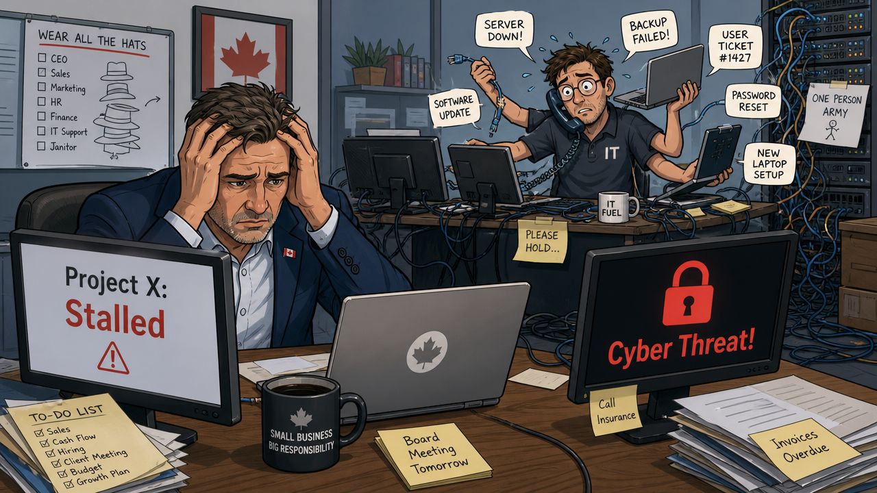 A stressed Canadian business owner facing server failures, cyber threats, and an overwhelmed IT support staff member.