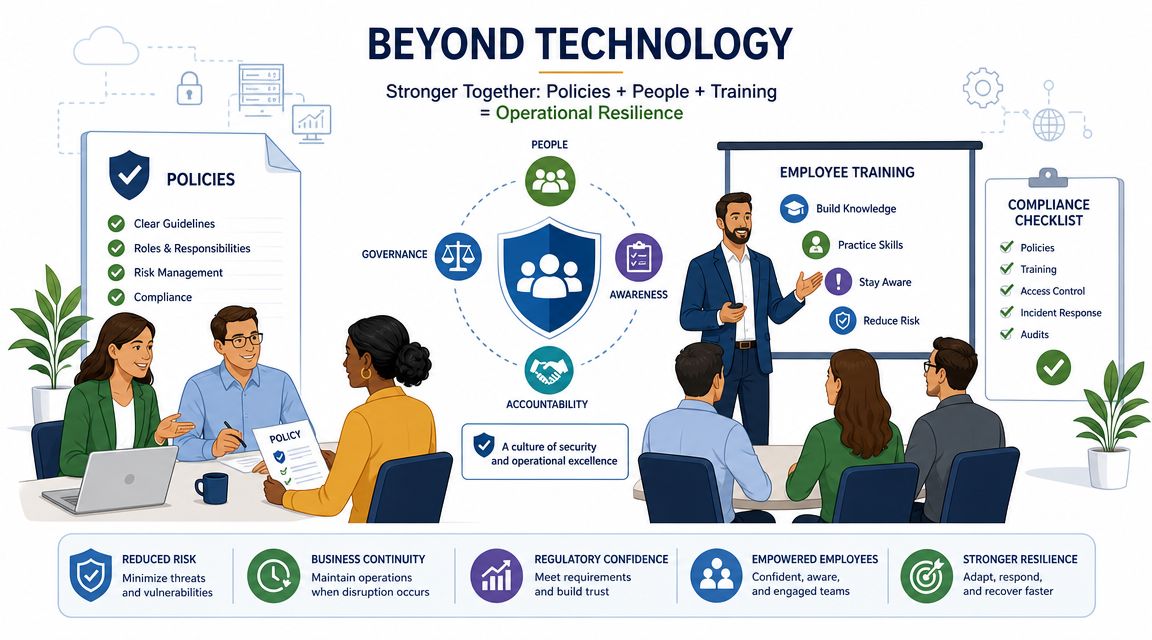 A professional infographic illustrating the importance of policies, people, and training for achieving organizational operational resilience.