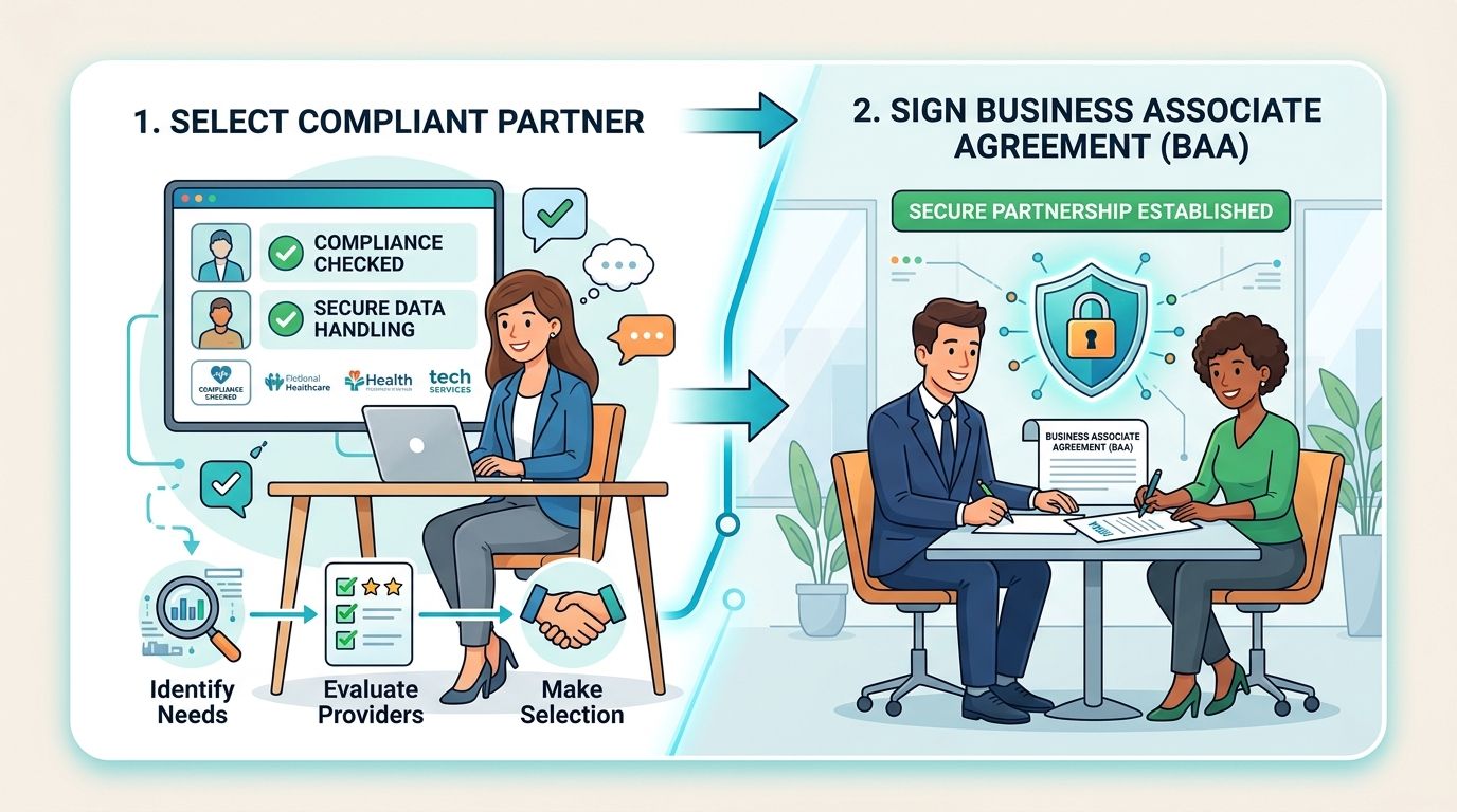 A professional illustration showing the two-step process of selecting a HIPAA compliant partner and signing a BAA.