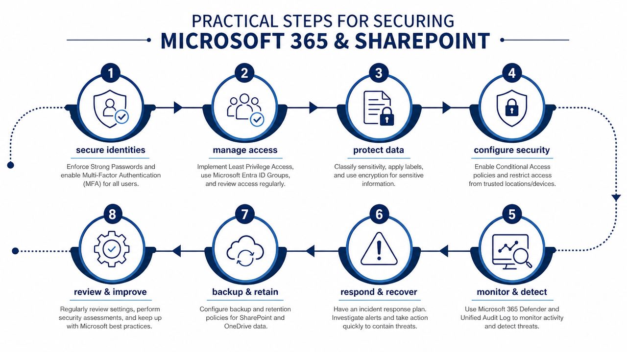 A diagram outlining eight practical steps for securing Microsoft 365 and SharePoint environments for enhanced data security.